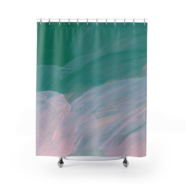 Abstract Shower Curtain | Green Pink, Paint Print Bath Curtain