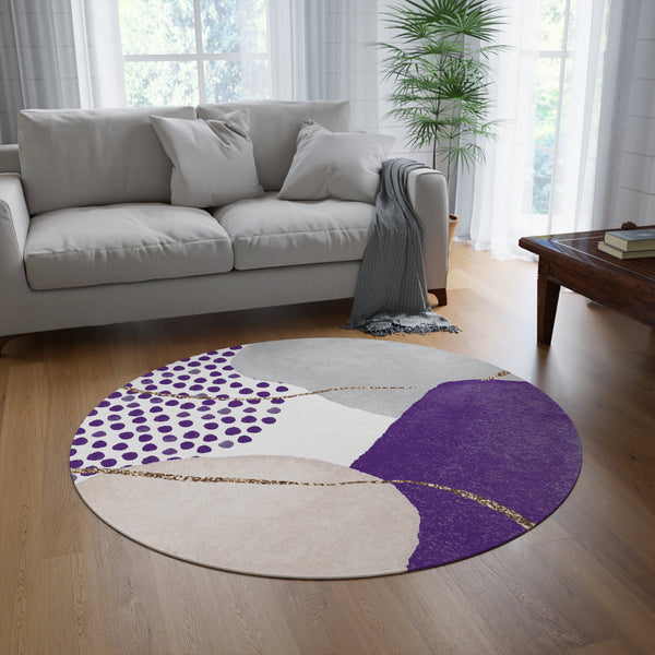 Round Boho Area Rug | Modern Grey, Lilac Purple Beige, Textured