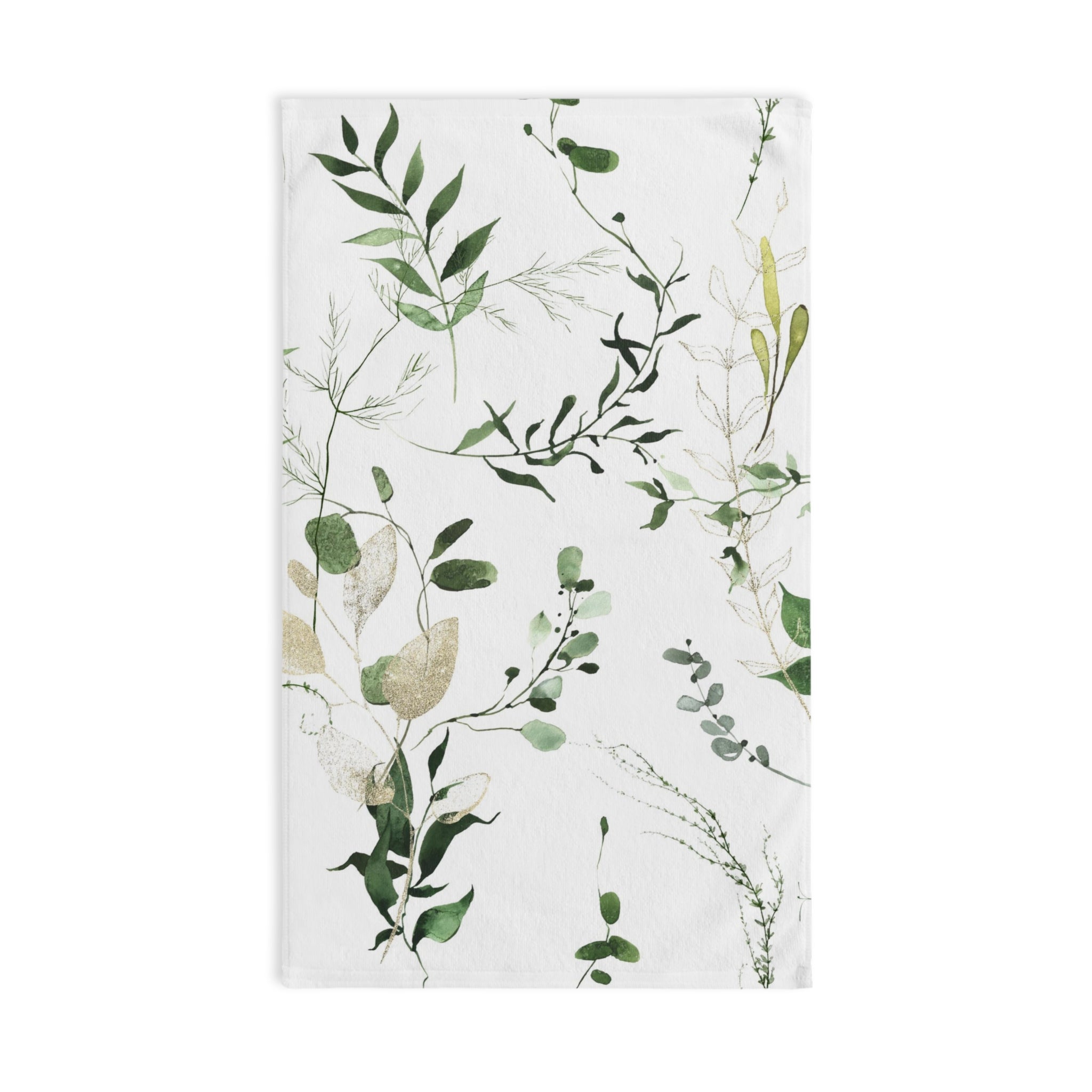 Floral Boho Kitchen, Bath Hand Towel | Watercolor White Forest Green Leaves