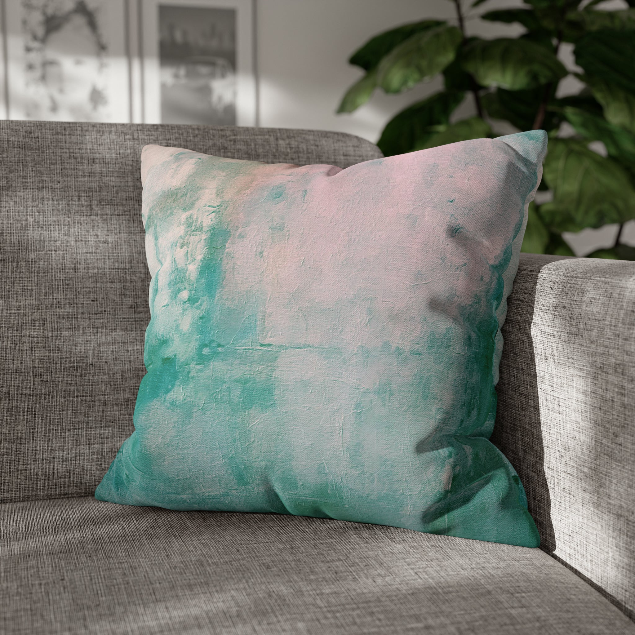 Ombre Pillow Cover | Teal Green, Blush Pink, Rustic Print