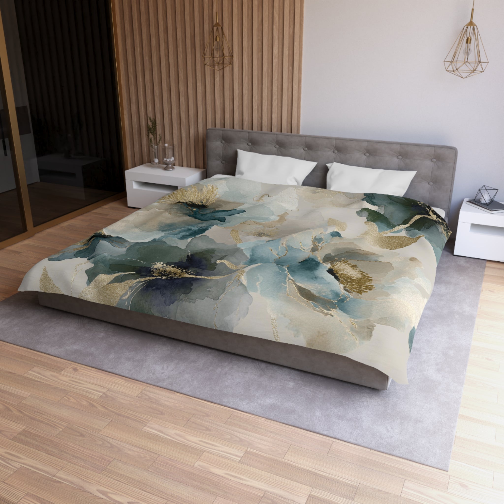 Abstract Floral Duvet Cover, Pillow Sham | Blue Beige Grey Watercolor Bedding