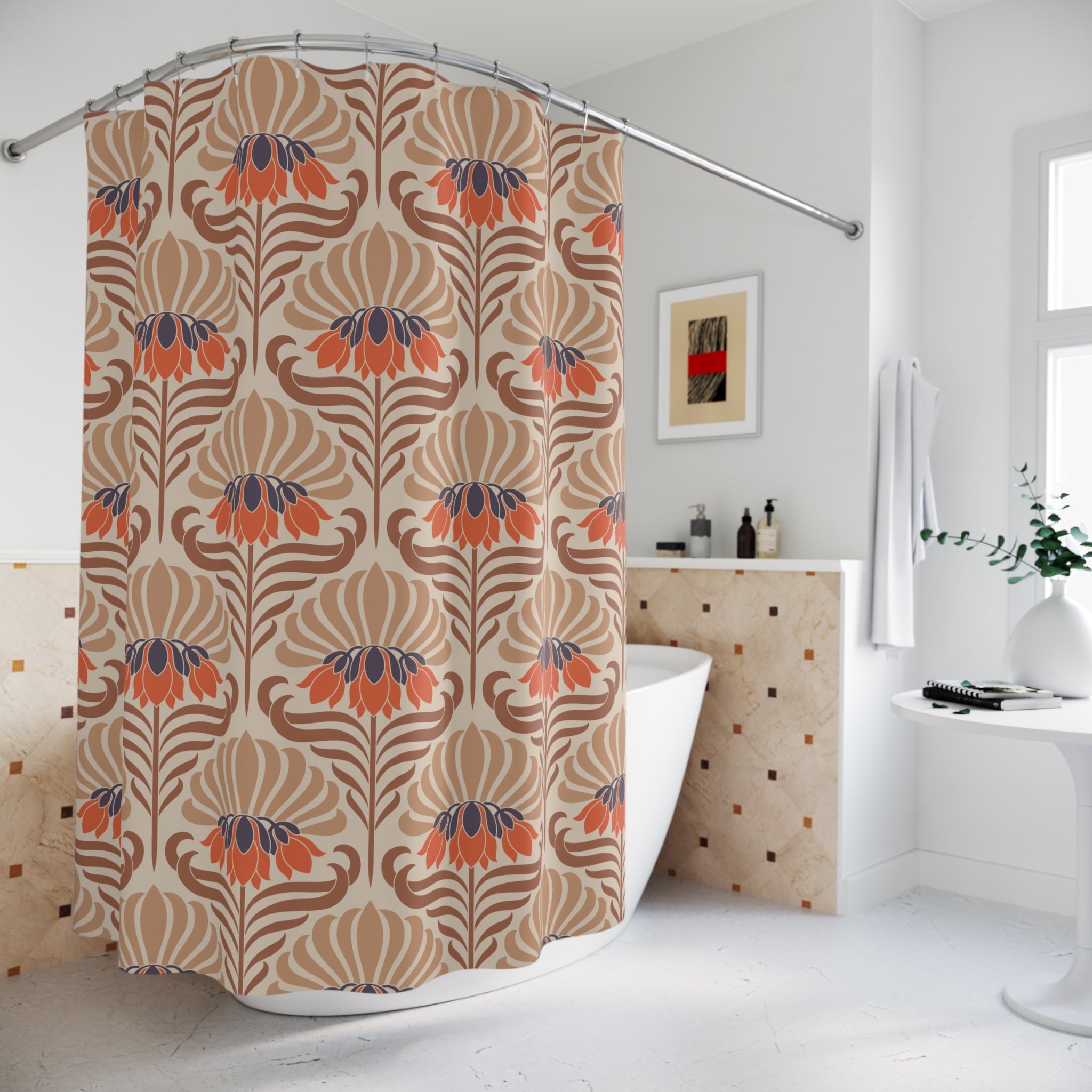 Art Nouveau Shower Curtain | Beige Blue Orange