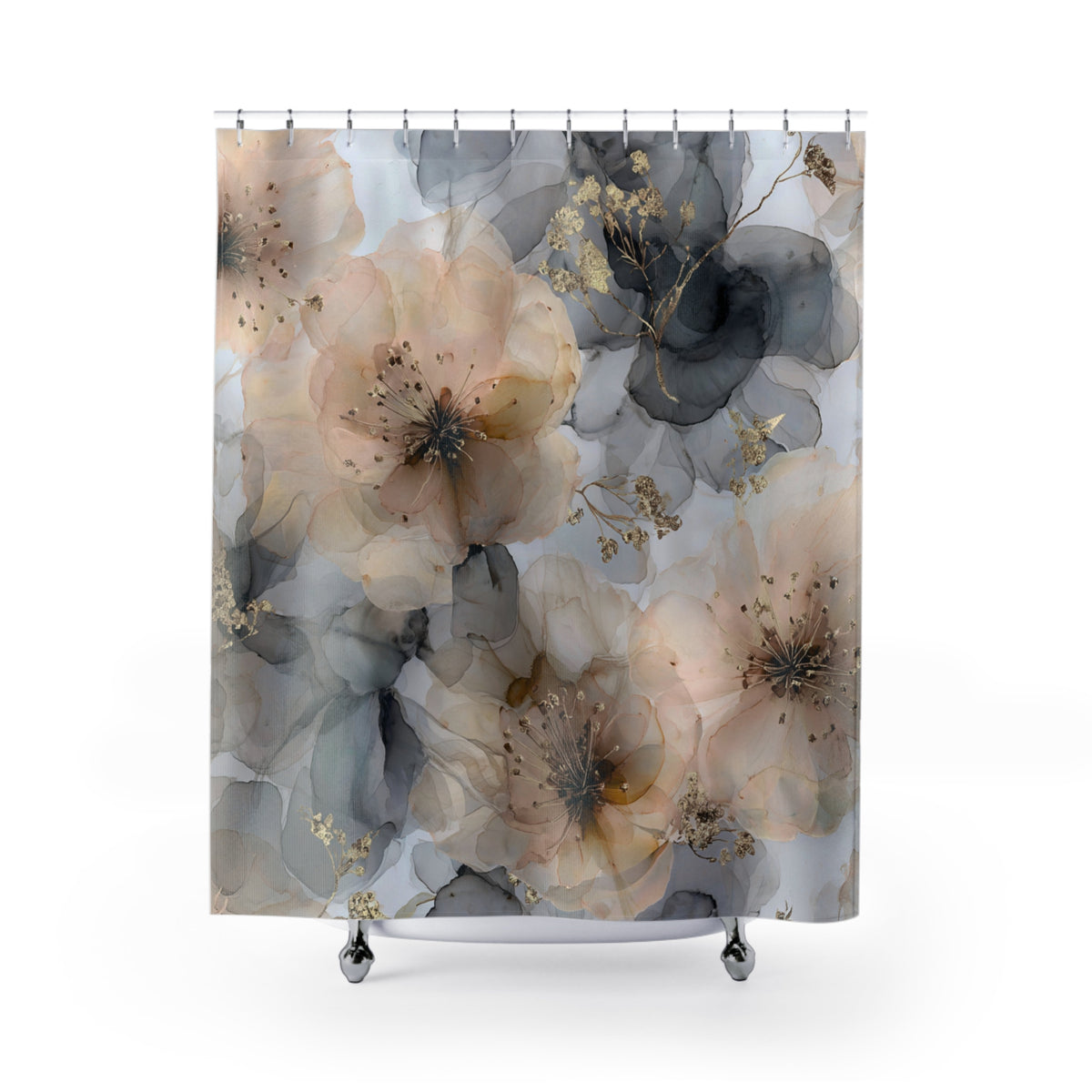 a shower curtain with a floral pattern of large, colorful flowers in shades of pink, white, and black.