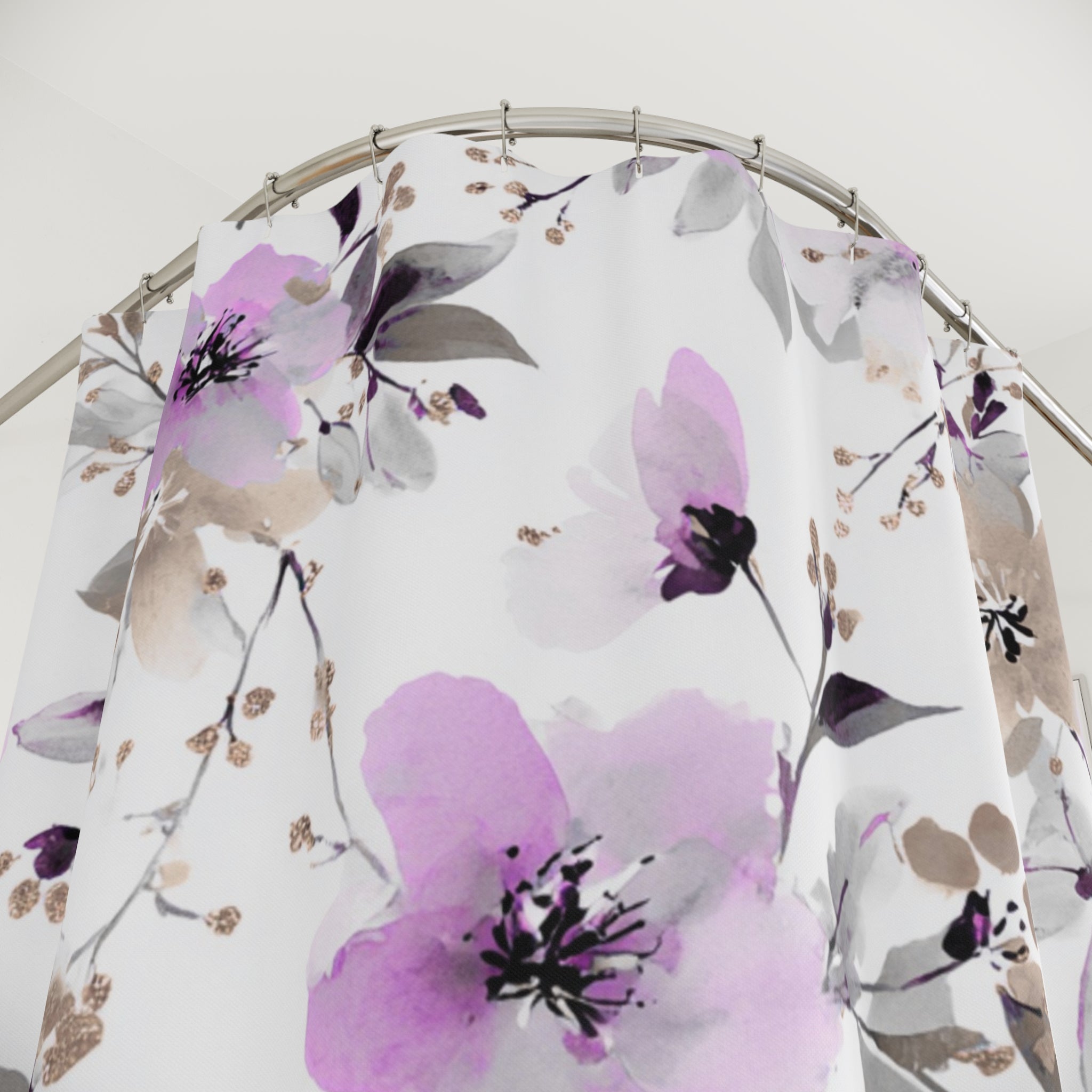Lavender and Grey Floral Shower Curtain, Bath Mat | Watercolor Botanical Bathroom