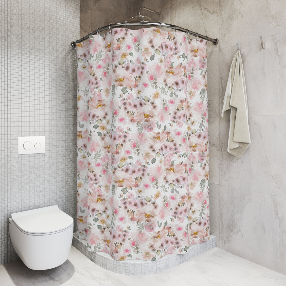 A bathroom with a white toilet and a floral patterned shower curtain.