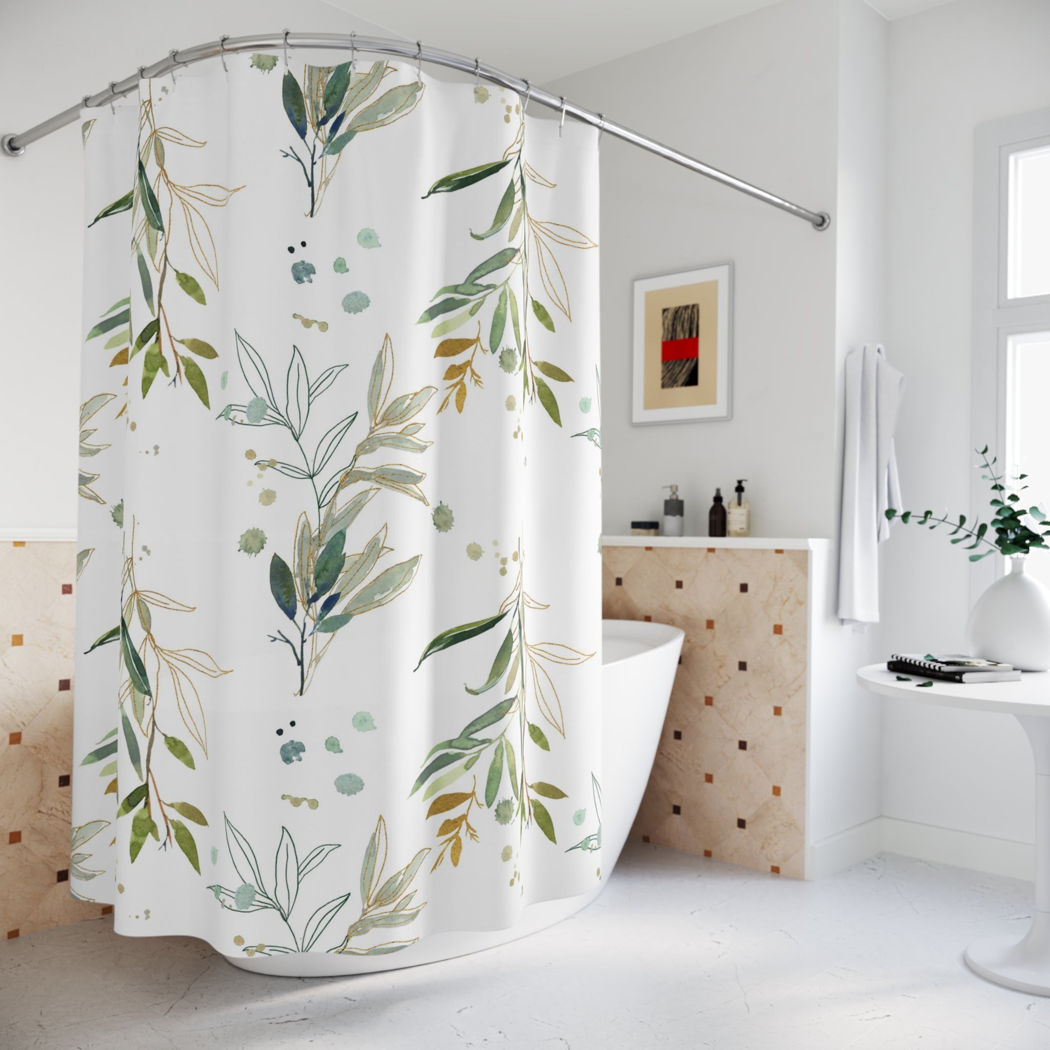 Boho Shower Curtain | Green White Beige Watercolor