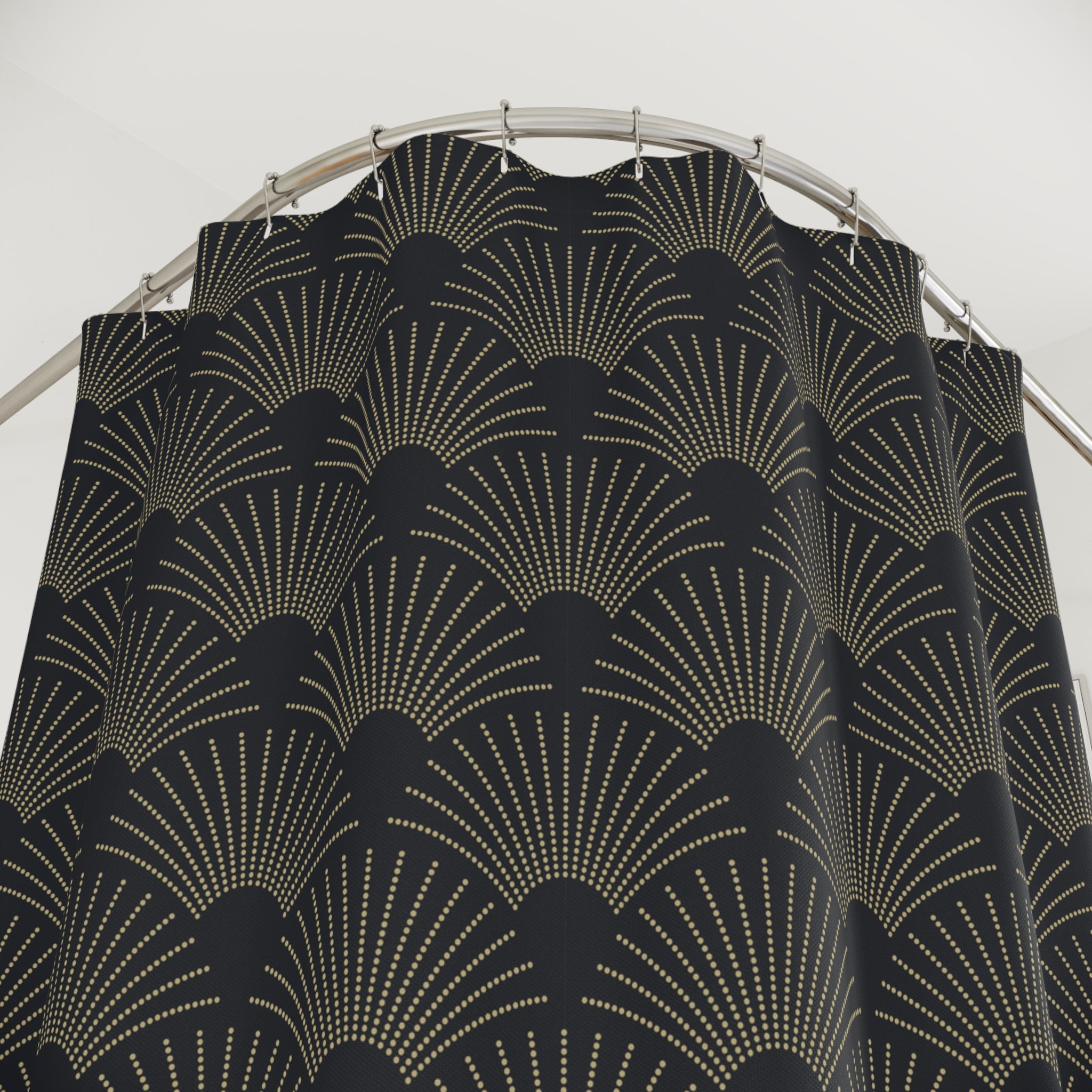 Boho Shower Curtain | Art Deco, Black Beige Crane Fan