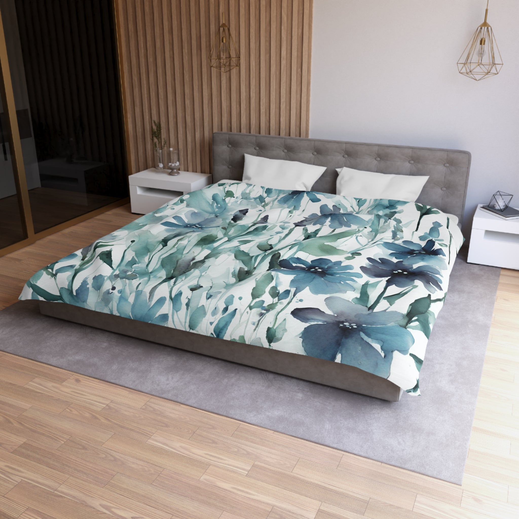 Blue, green and white wildflower floral duvet cover, full bedding view
