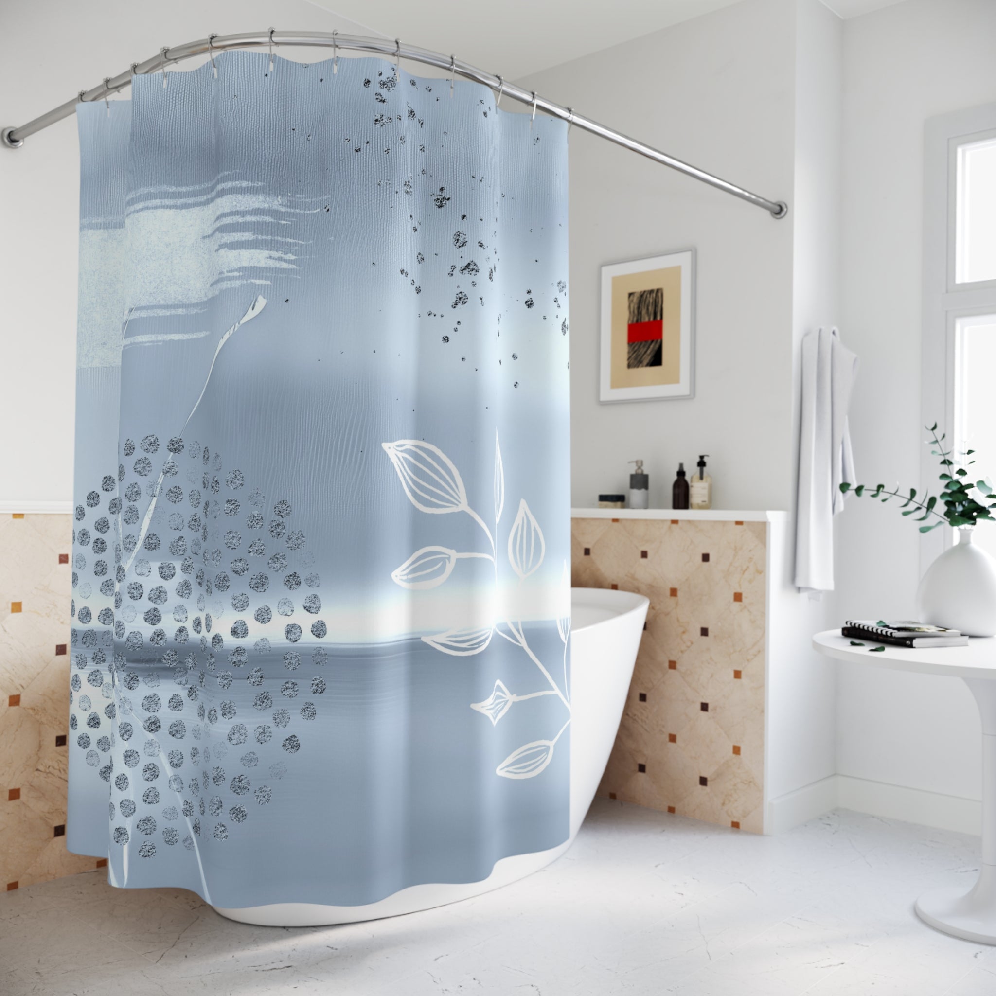 Boho Shower Curtain | Powder Pale Blue, Leaves