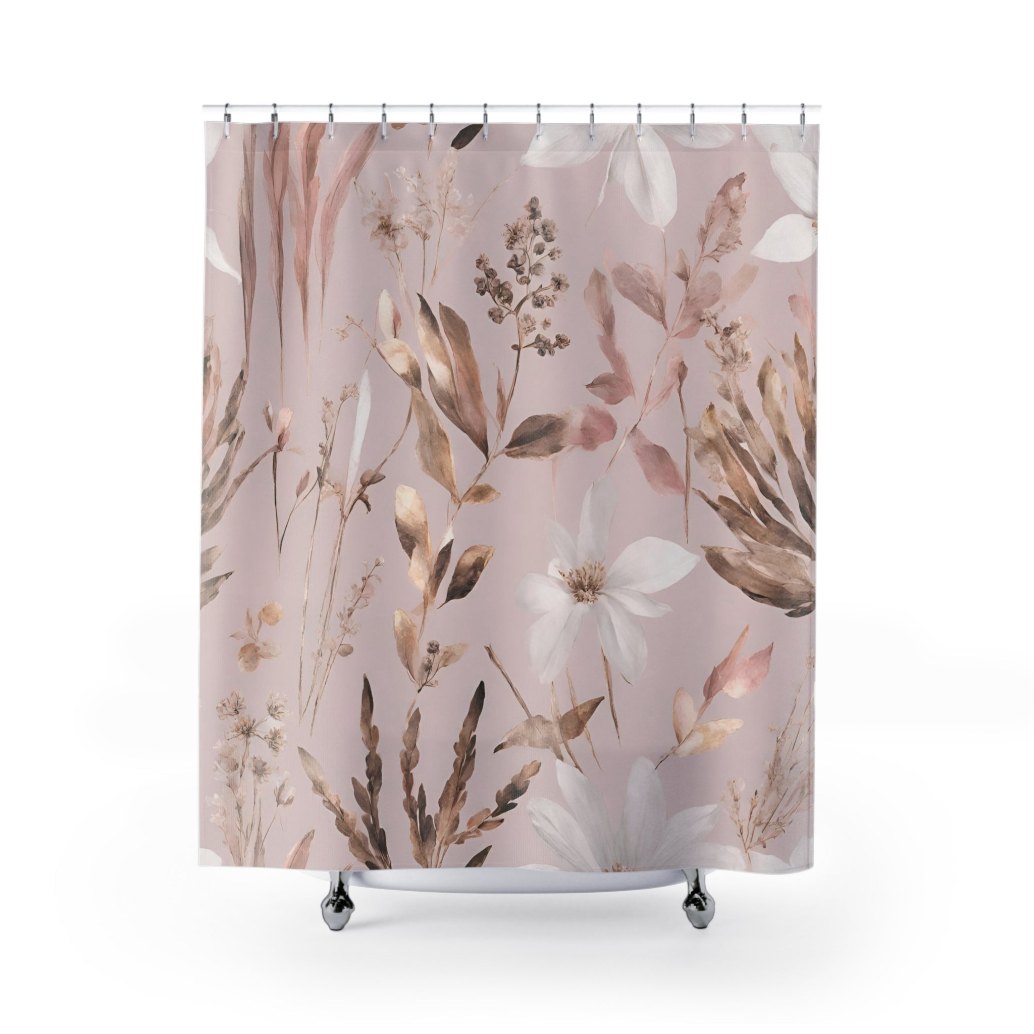 Pink Shower Curtain | Floral, Muted Gold Botanical