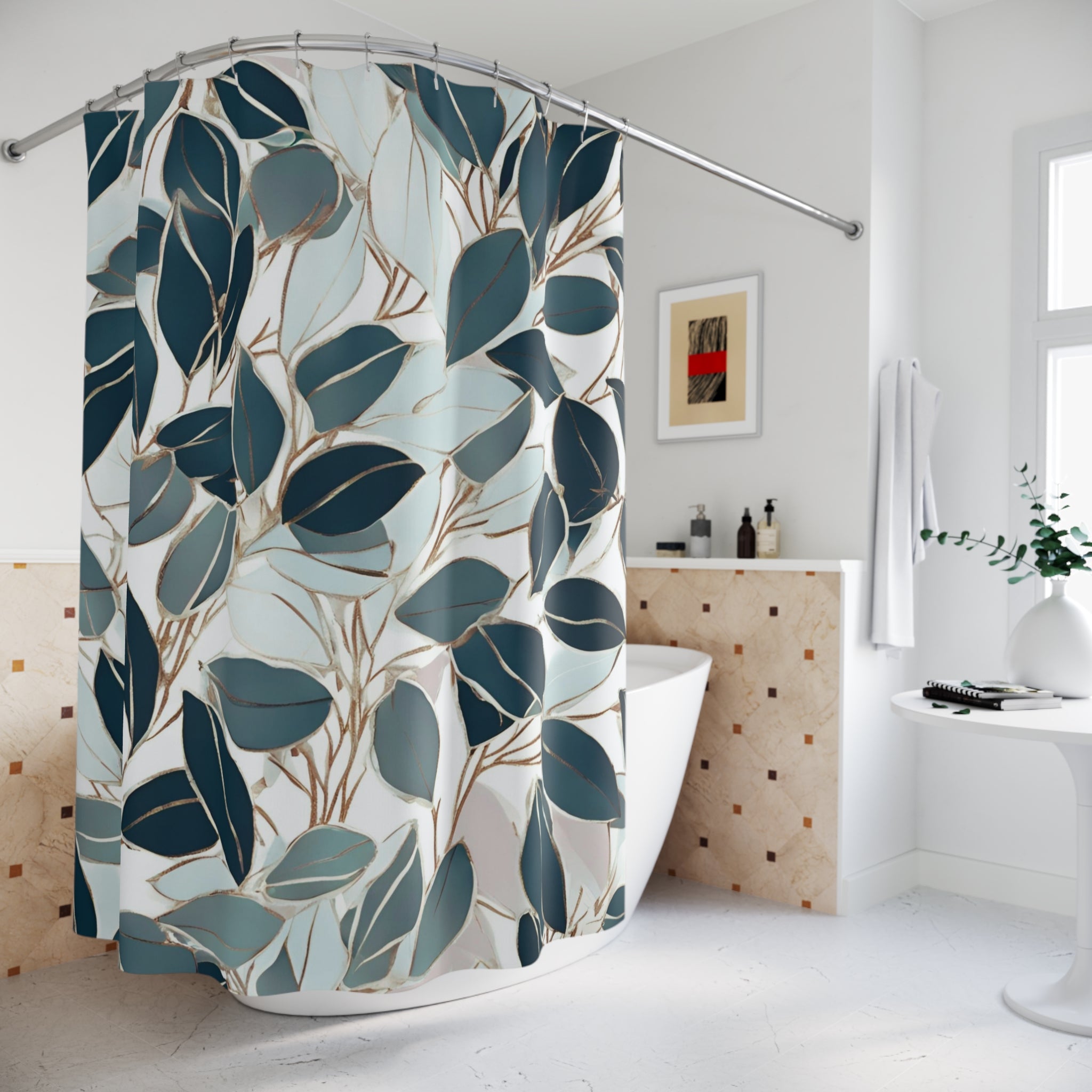 Floral Shower Curtain | Mint Blue, Green Leaves