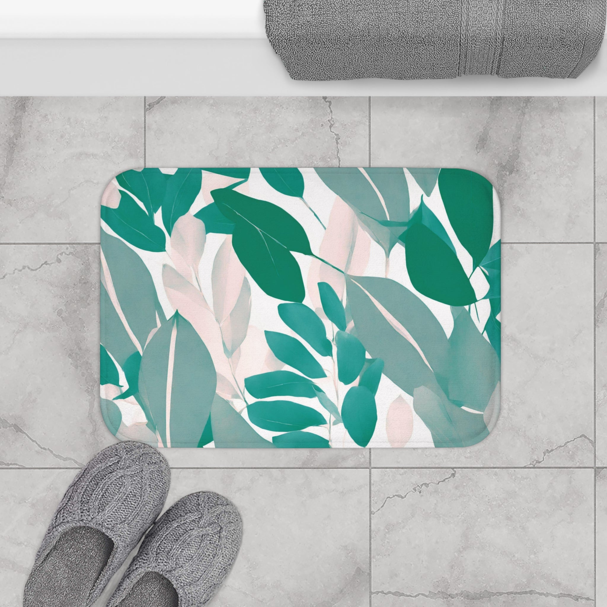 Kitchen, Bath Mat | Floral Sage Teal Green, Blush Pink