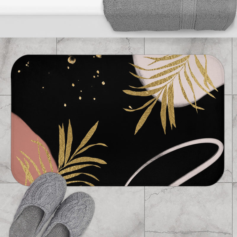 Abstract Bath Mat | Black Gold Leaves