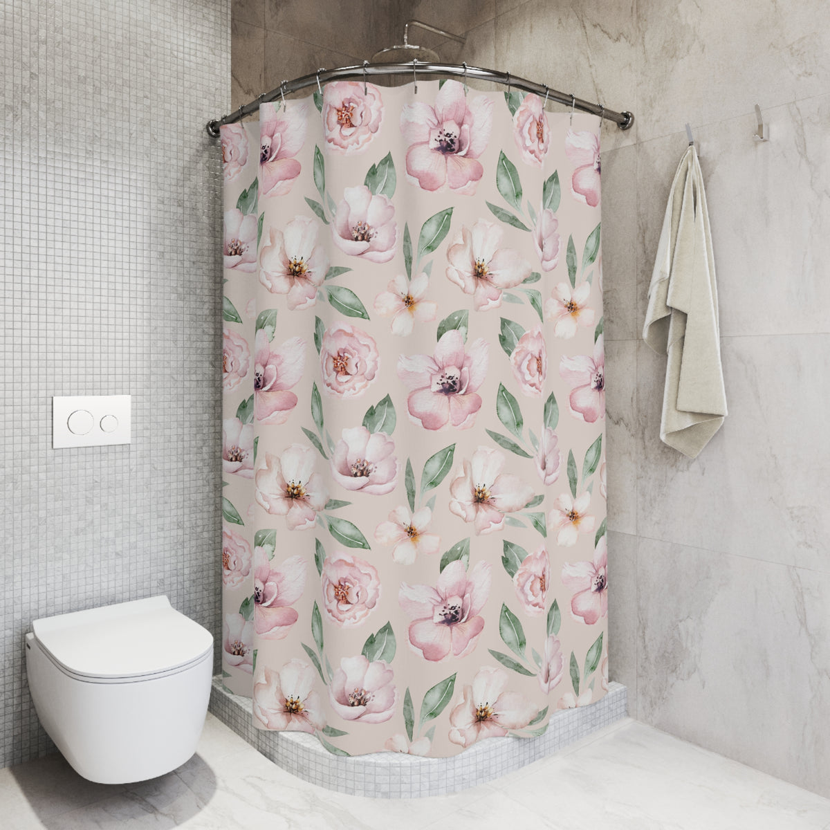 A bathroom with a shower curtain featuring a floral pattern in shades of pink and green. The shower curtain is hanging from a rod next to a towel.