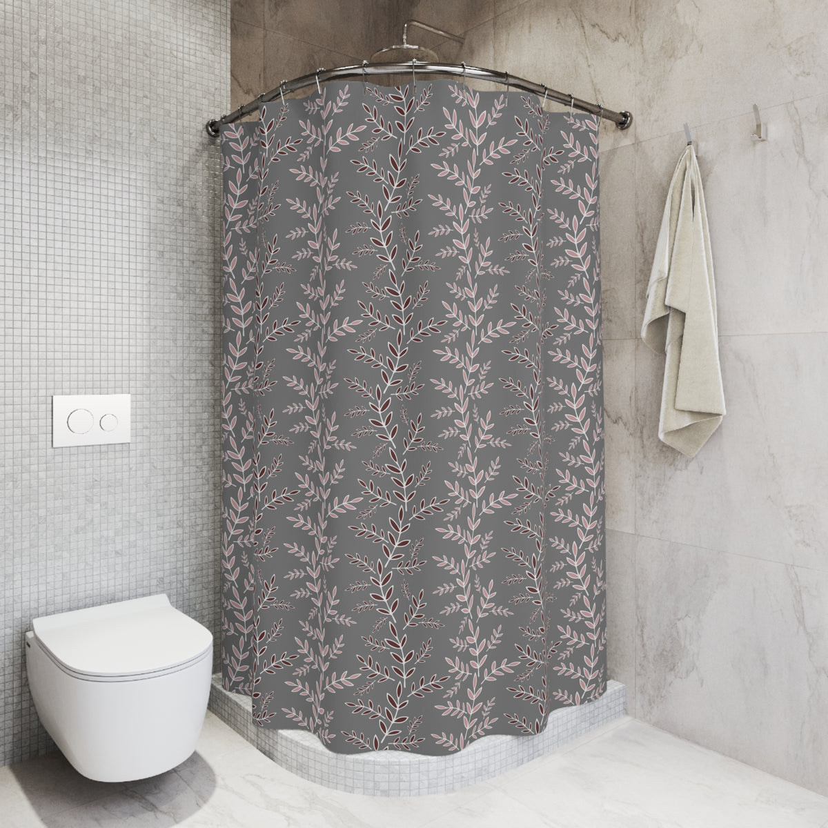 a modern bathroom with a gray shower curtain featuring a leafy pattern, a white toilet, and a towel rack.