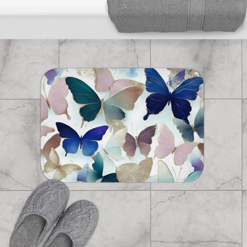 Boho Butterflies Bath, Kitchen Mat | Blue Pink, Muted Gold Beige, Colorful