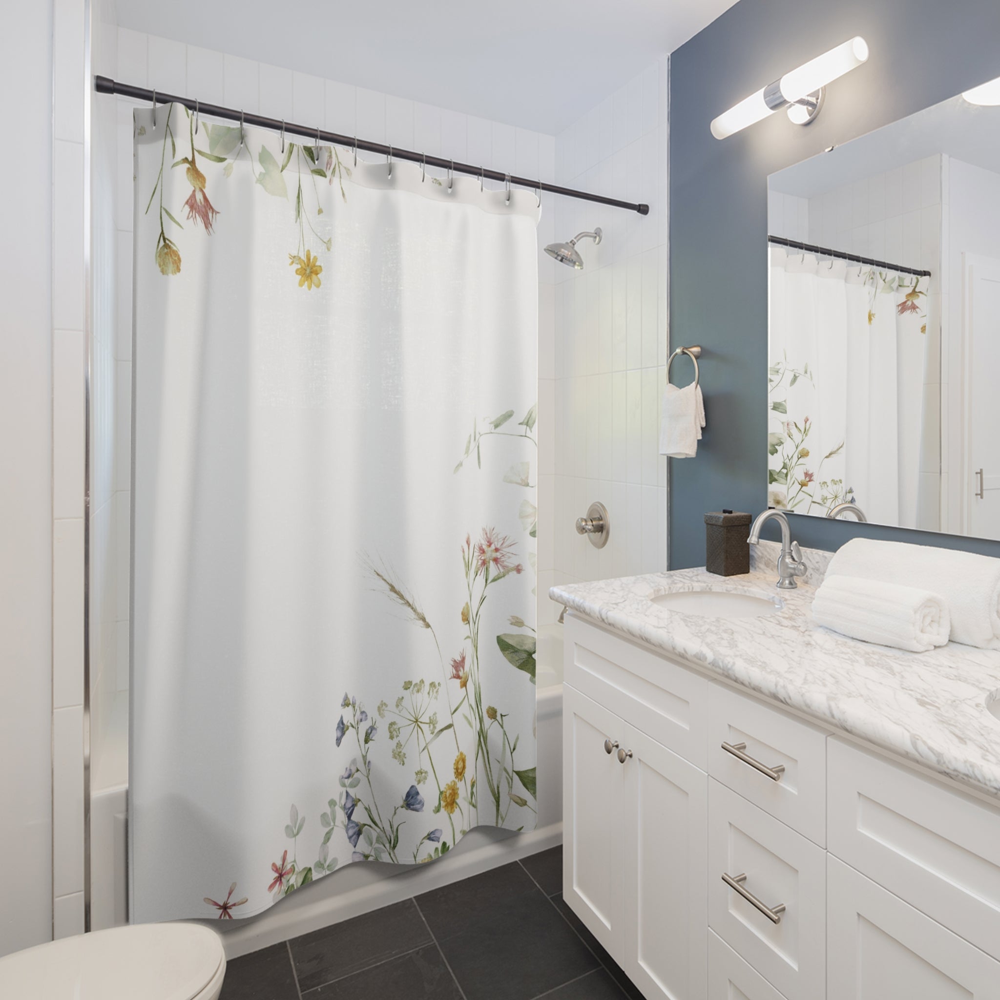 Floral Shower Curtain | Boho White Botanical Wildflowers