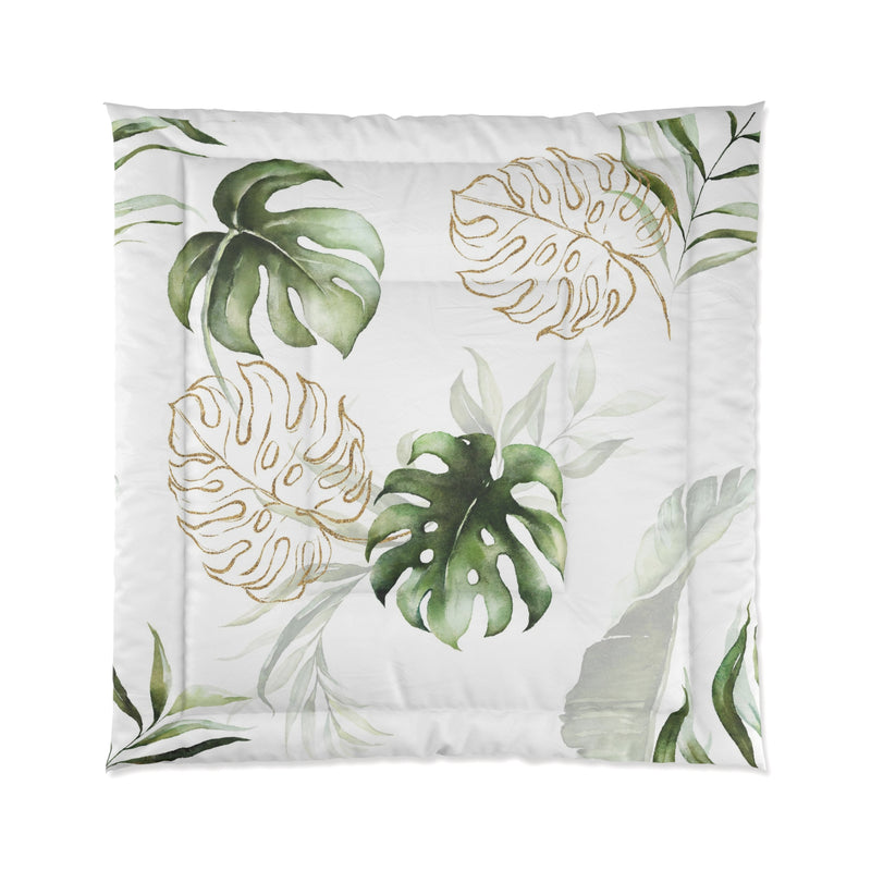 Floral Comforter | White Sage Green, Monstera Jungle Leaves