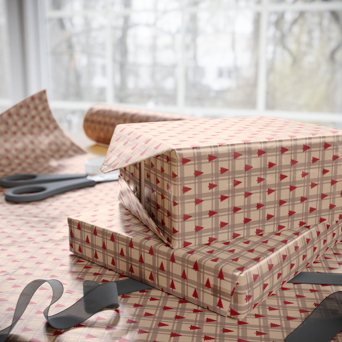 Red Tree Plaid Christmas Wrapping Paper, Holiday Gift Wrap