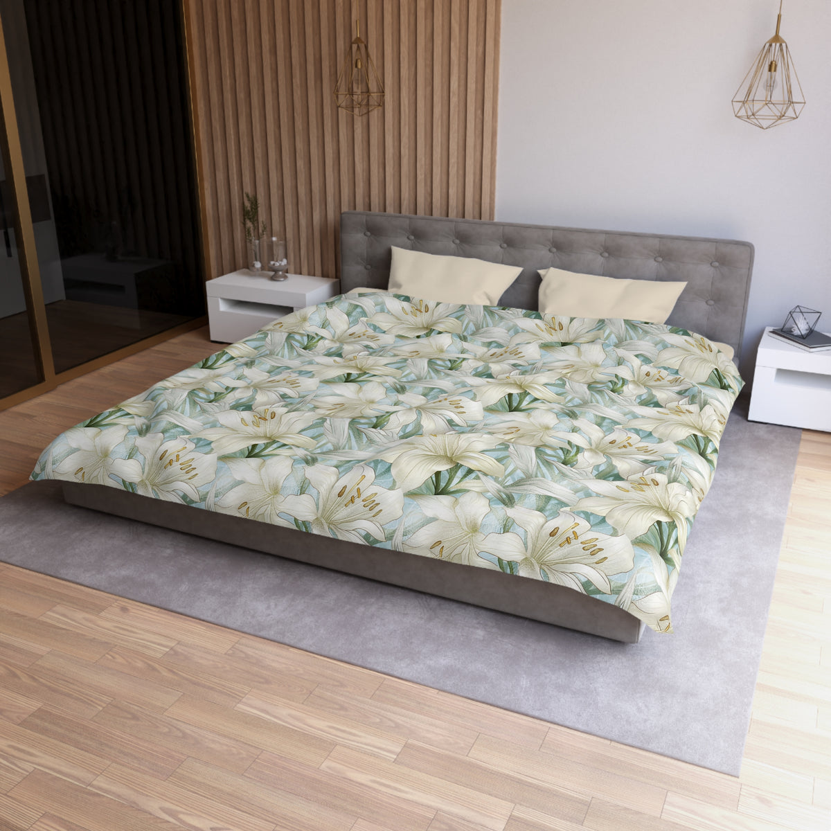 a modern bedroom with a large bed covered in a floral print comforter. The bed is positioned against a wall with a wooden panel. The room also features a nightstand, a rug, and a pendant light fixture.
