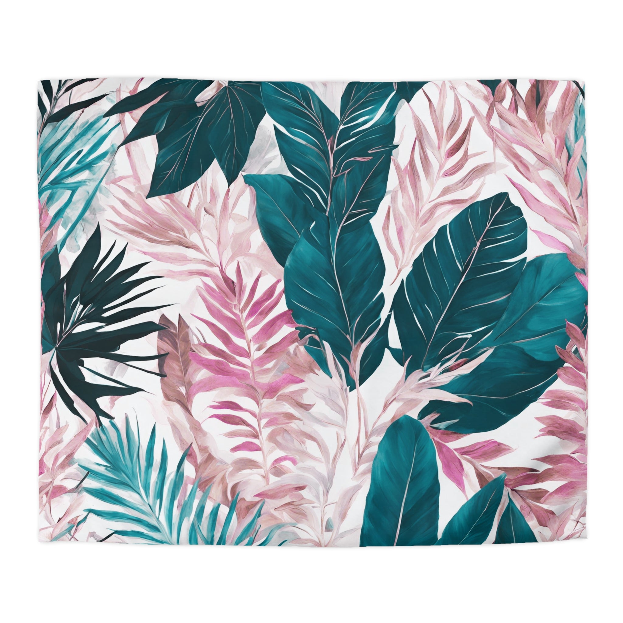 Floral Duvet Cover | Pink, Teal Tropical Jungle Leaves Bedding Decor