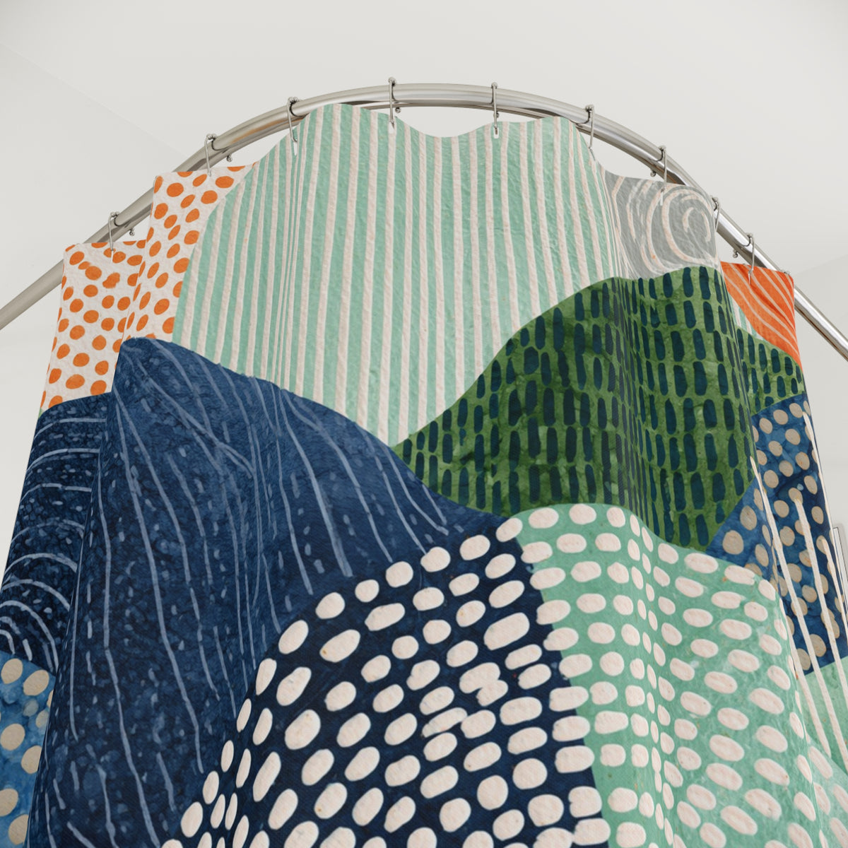 a vibrant and colorful abstract pattern, with various shades of green, blue, orange, and white. The pattern appears to be a large, eye-catching design that could be used as a shower curtain or a textile.