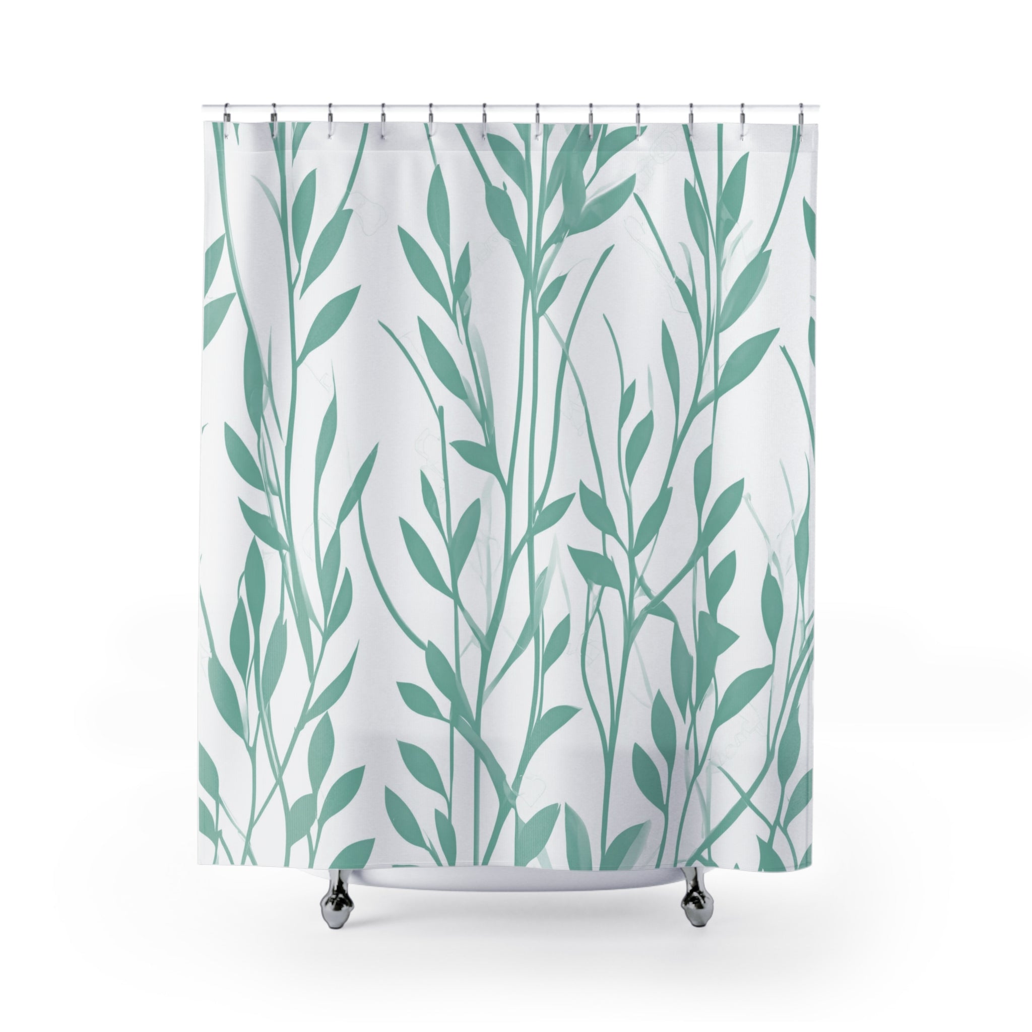 Boho Shower Curtain | Mint Aqua Green, White Leaves