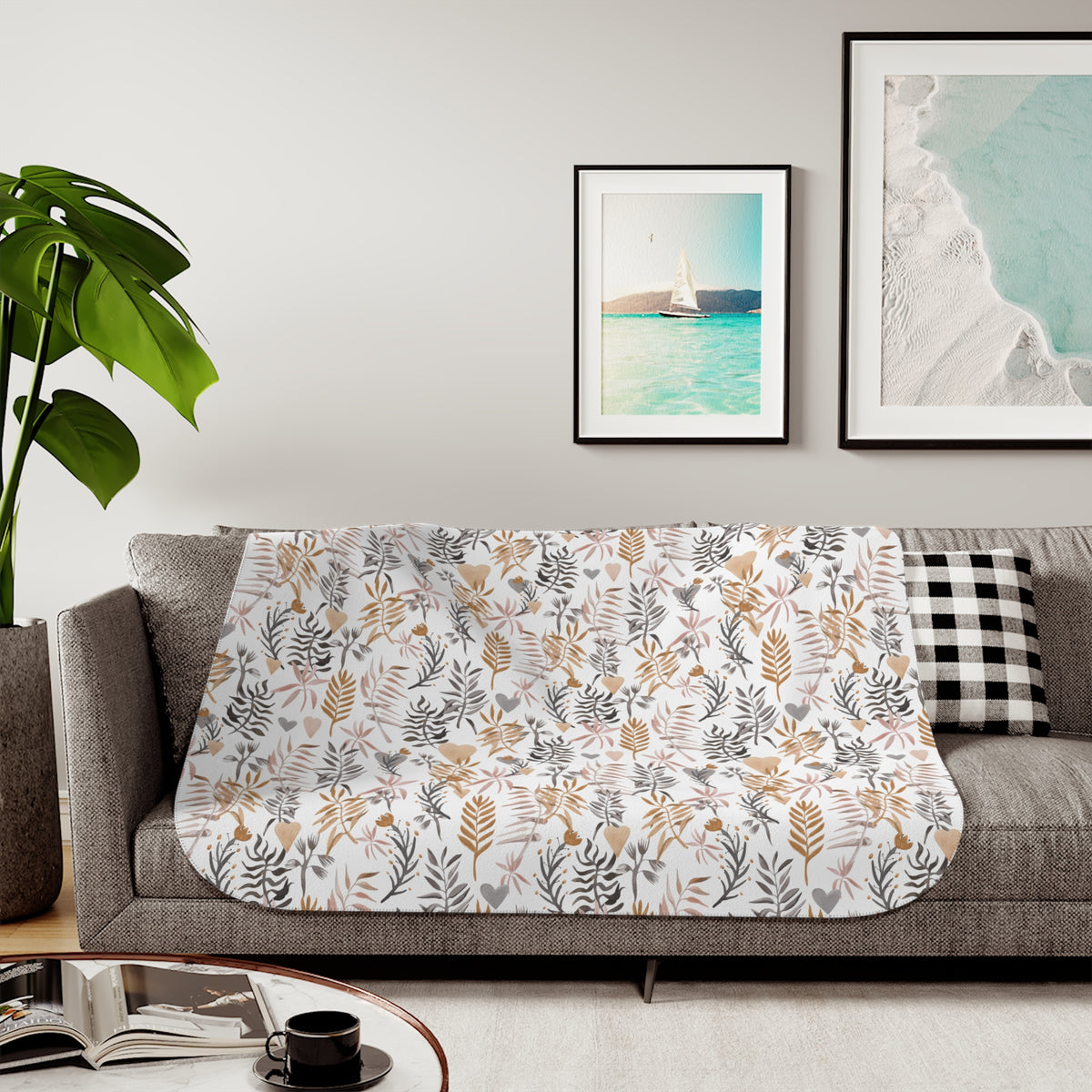 Boho Botanical Leaf Sherpa Blanket | Blush Caramel Gray Throw