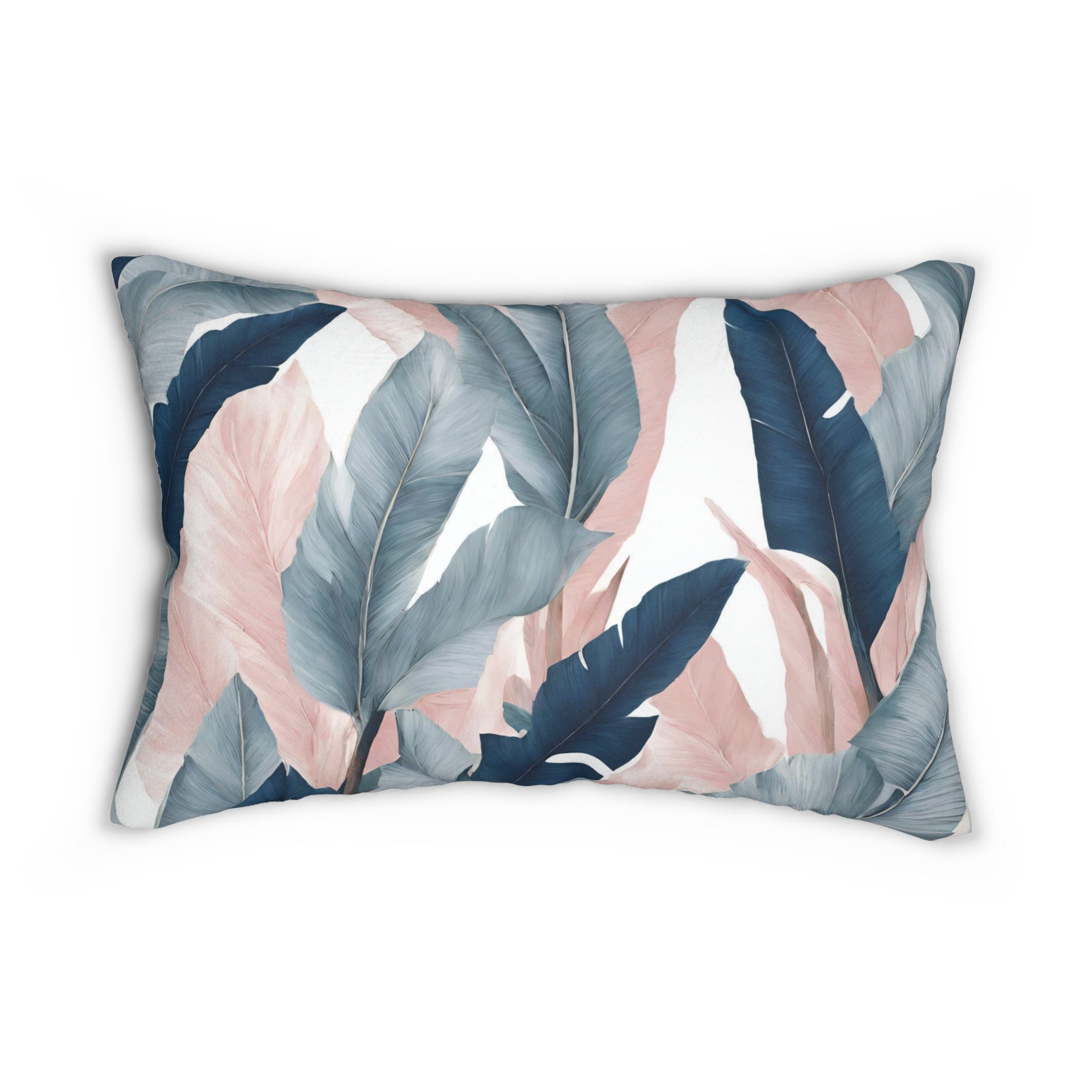 Floral Lumbar Pillow | White Blush Pink, Pale Blue Leaves