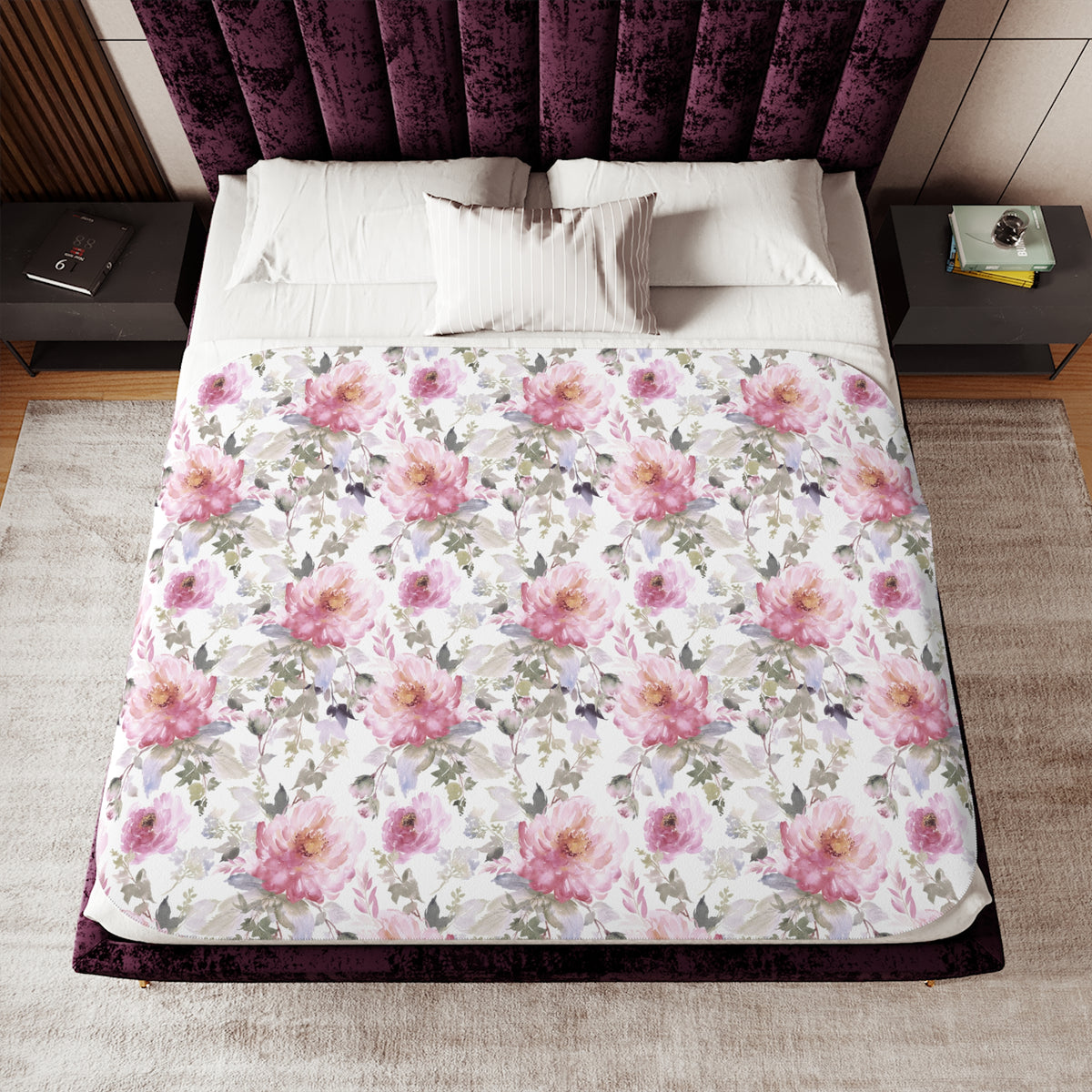 Pink Watercolor Peony Sherpa Blanket | Blush Sage Floral Throw