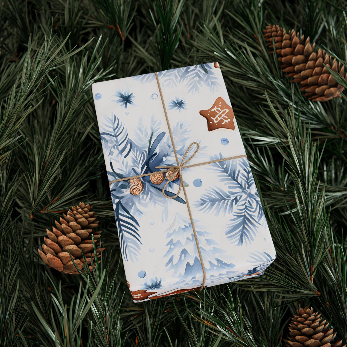 Blue Pine Gingerbread Winter Wrapping Paper, Christmas Gift Wrap