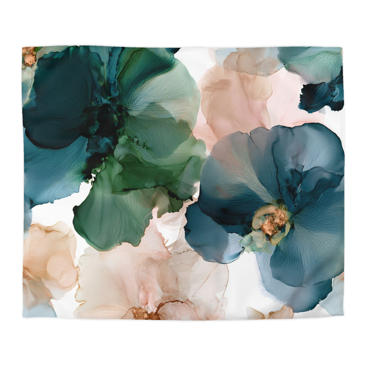 a painting of blue and pink flowers on a white background