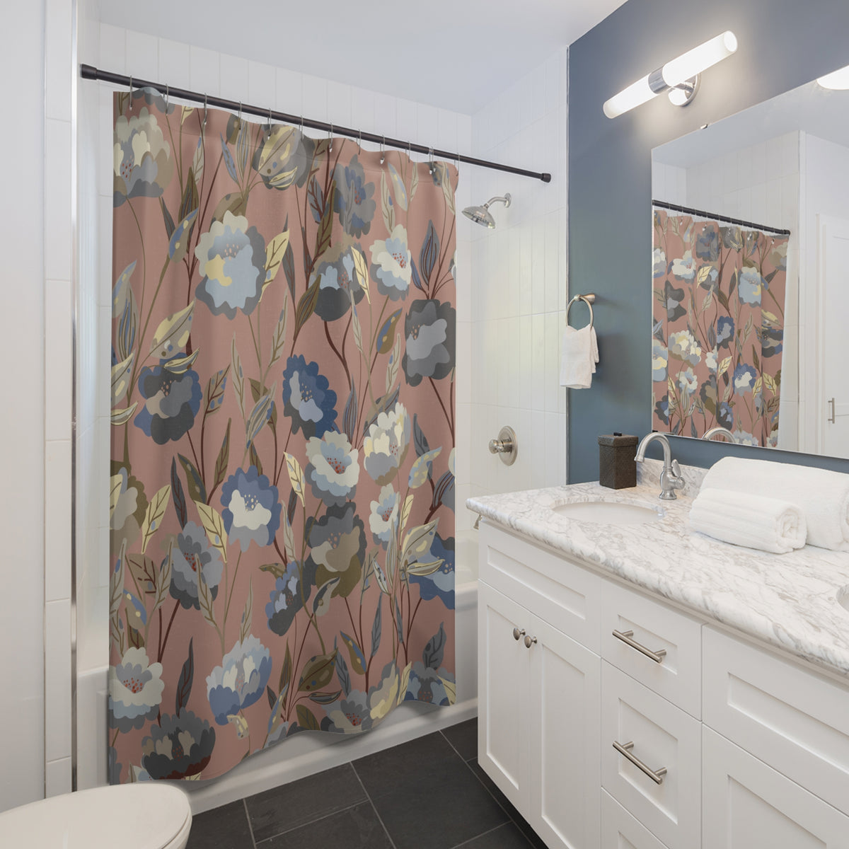 Dusty Rose Blue Floral Shower Curtain, Bath Curtain 71x74