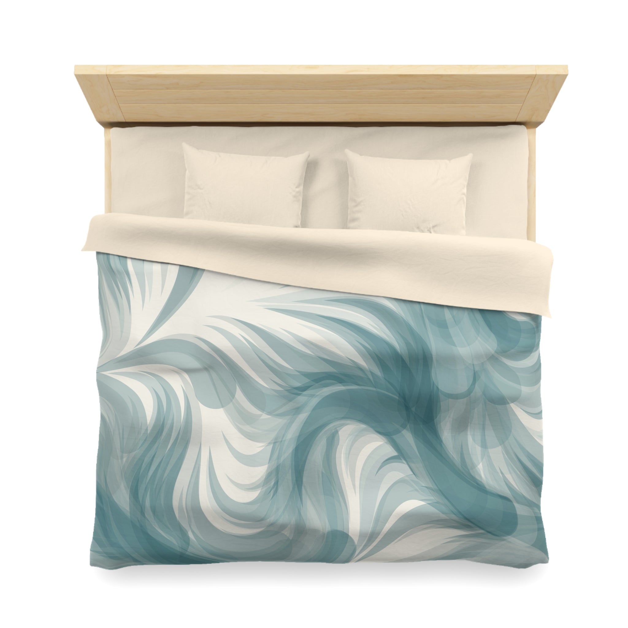 a neatly made bed with a blue and white patterned comforter and two pillows.