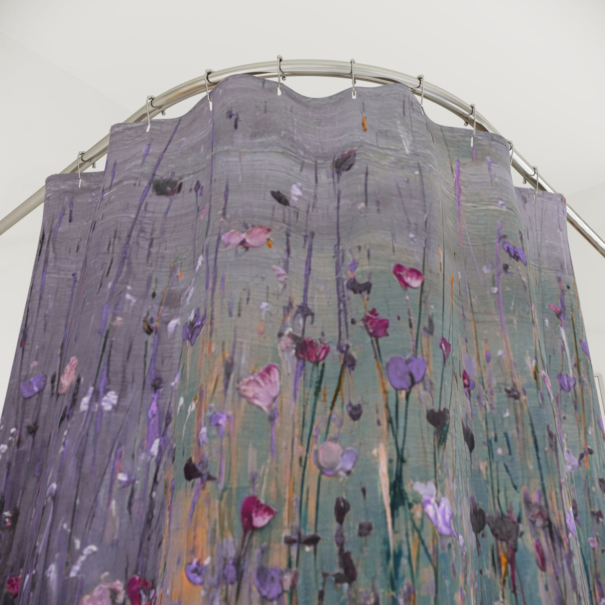 a large, colorful shower curtain with a floral pattern.