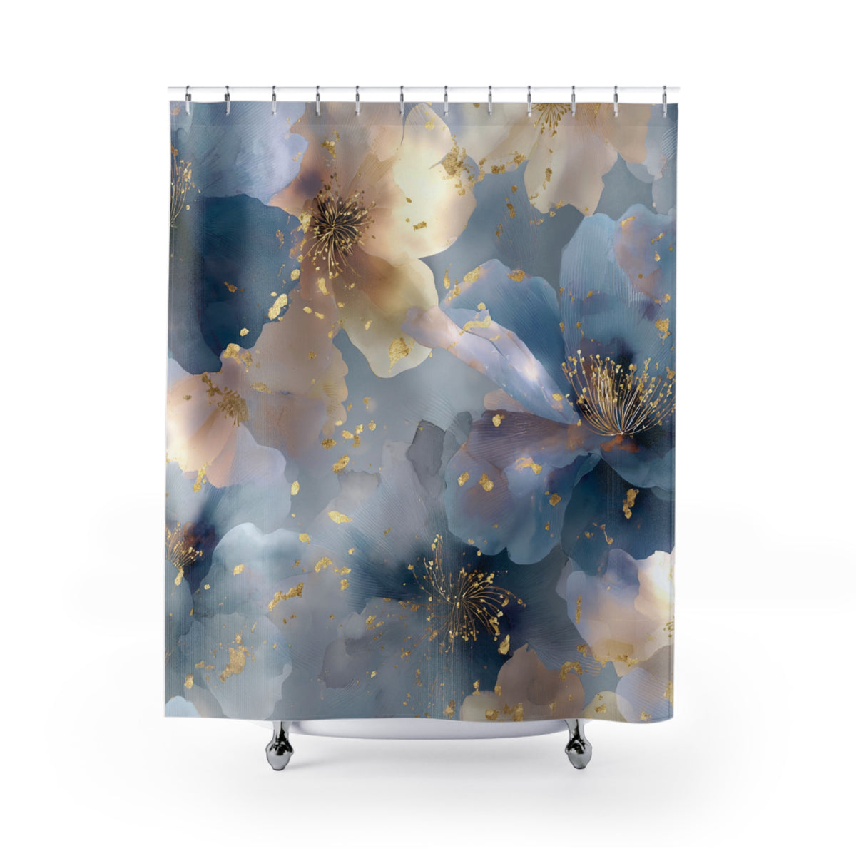 a shower curtain with a floral pattern in shades of blue, gold, and white.
