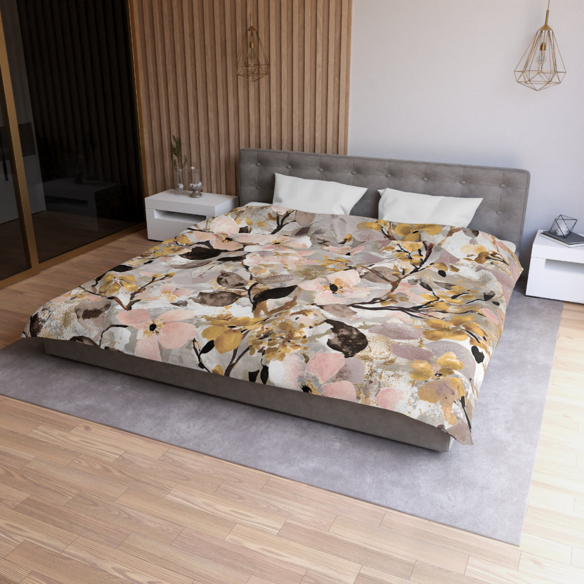 a modern bedroom with a large bed covered in a floral print comforter. The bed is positioned against a wall with a wooden paneling. The room also features a nightstand, a pendant light, and a mirror.