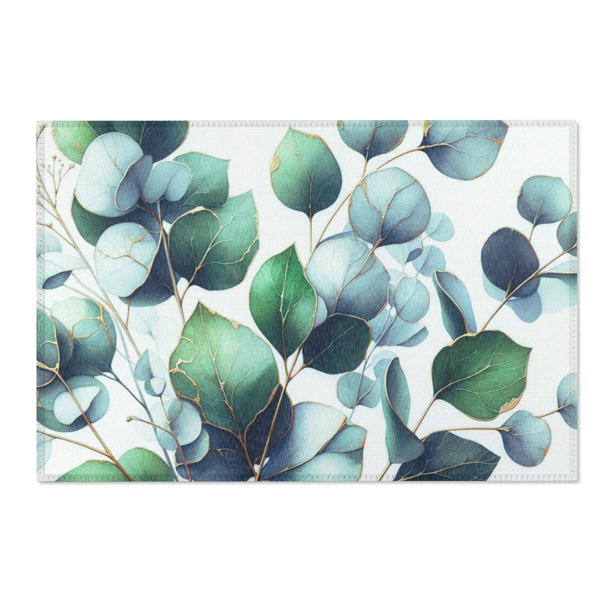 Floral Large Area Rug | Modern Rug, Forest Green, Pale Blue Eucalyptus Leavea