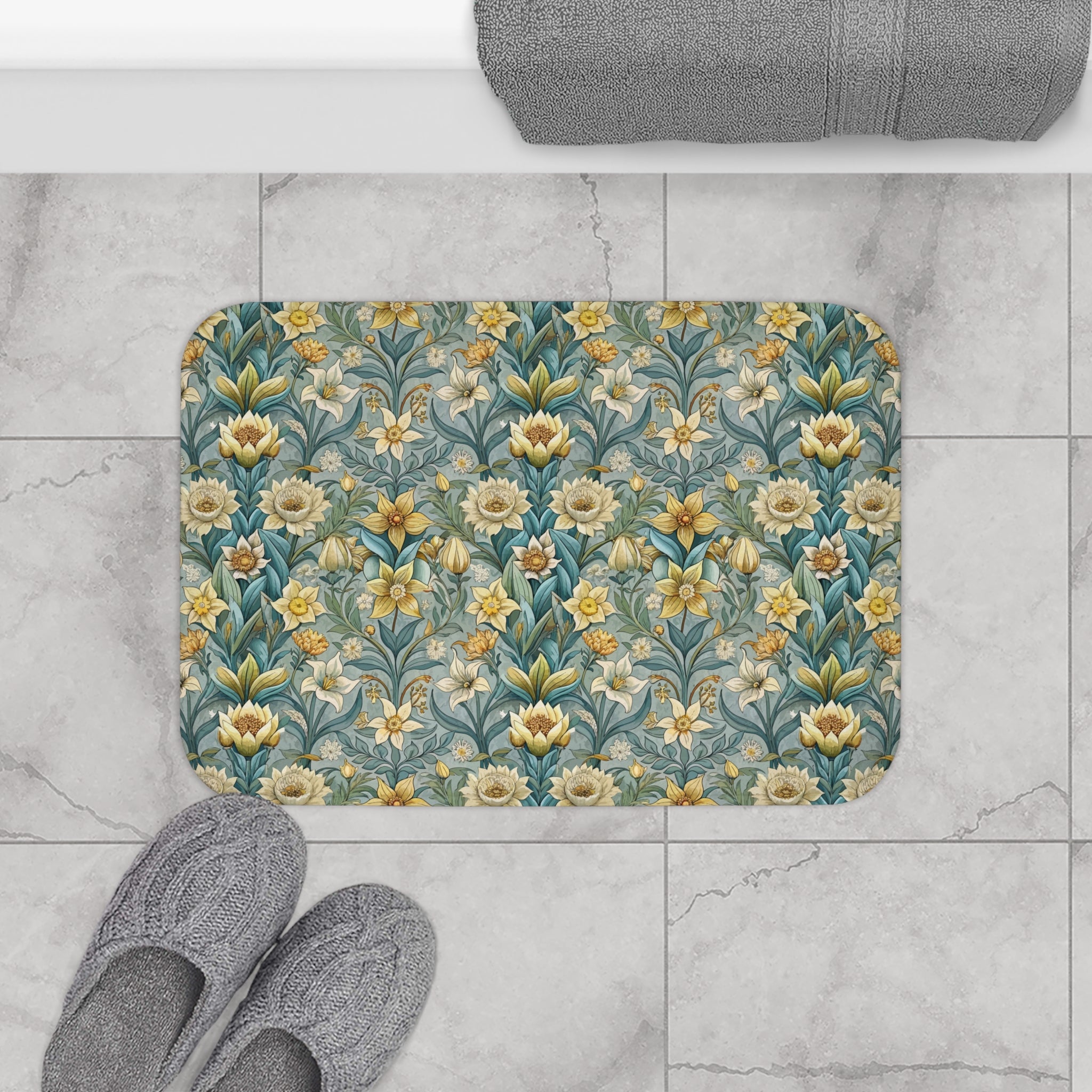 Floral Bath Mat | Vintage Blue Yellow Garden Kitchen Mat