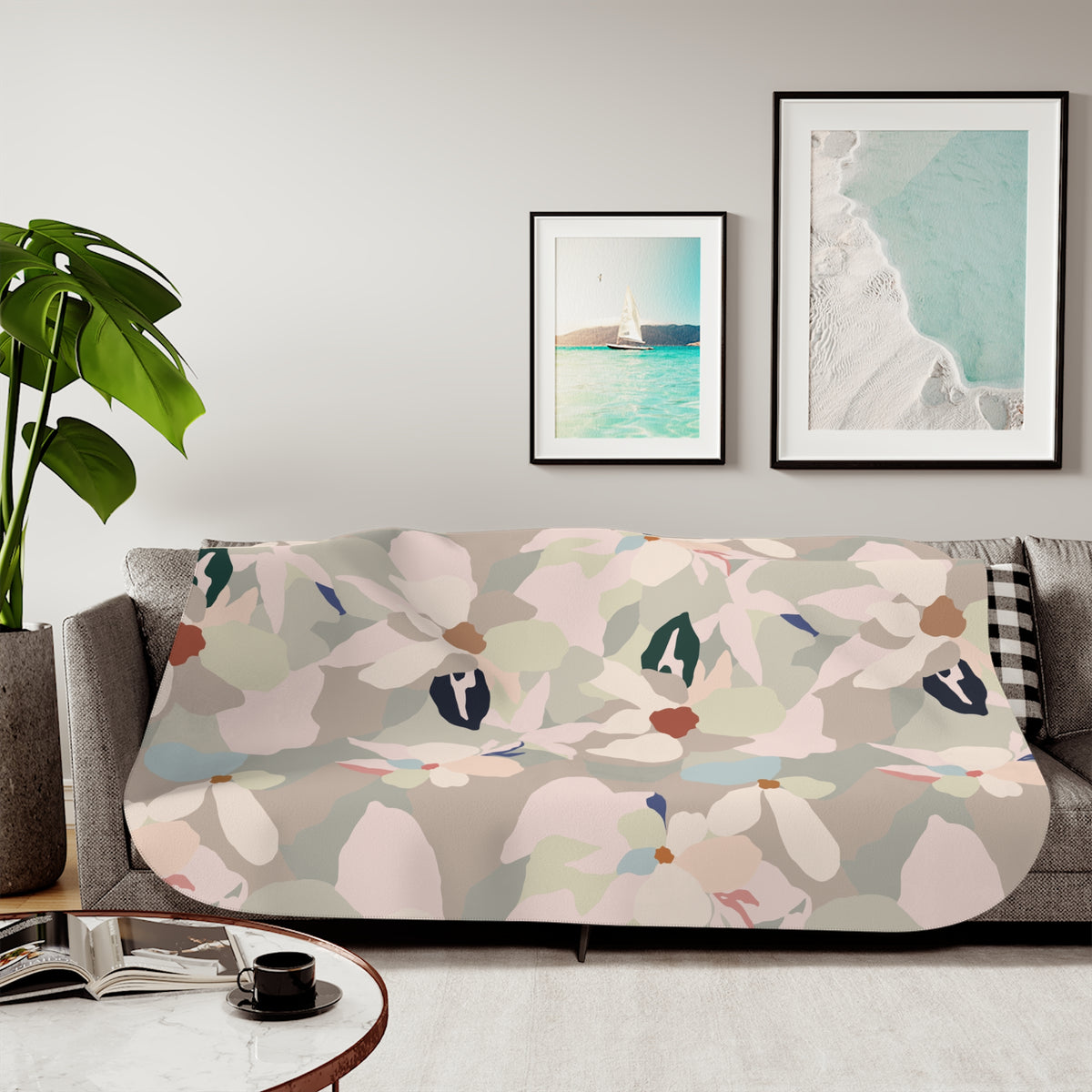 Blush Beige Abstract Petal Sherpa Blanket | Modern Floral Throw