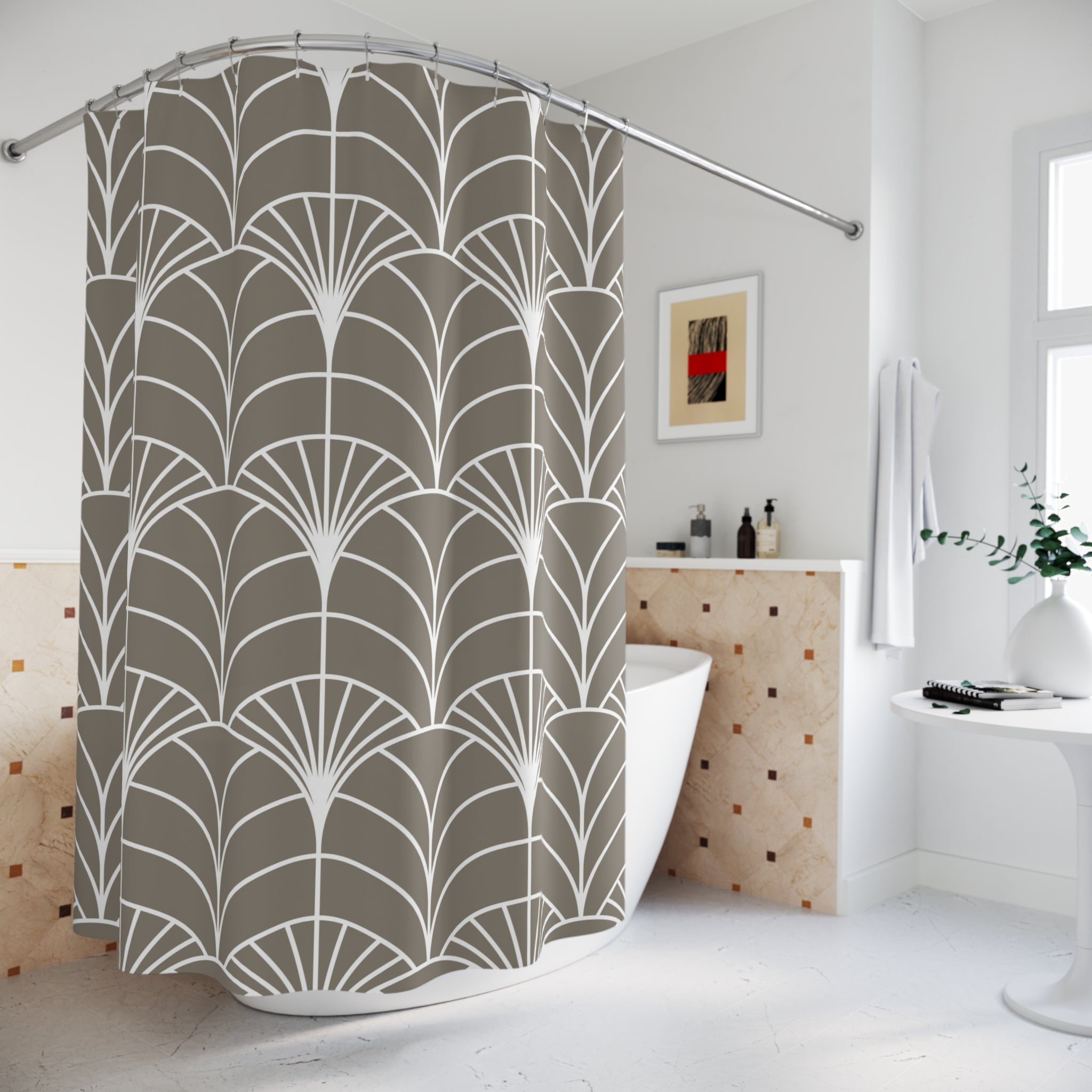 Art Deco Shower Curtain | Taupe White Bath Curtain