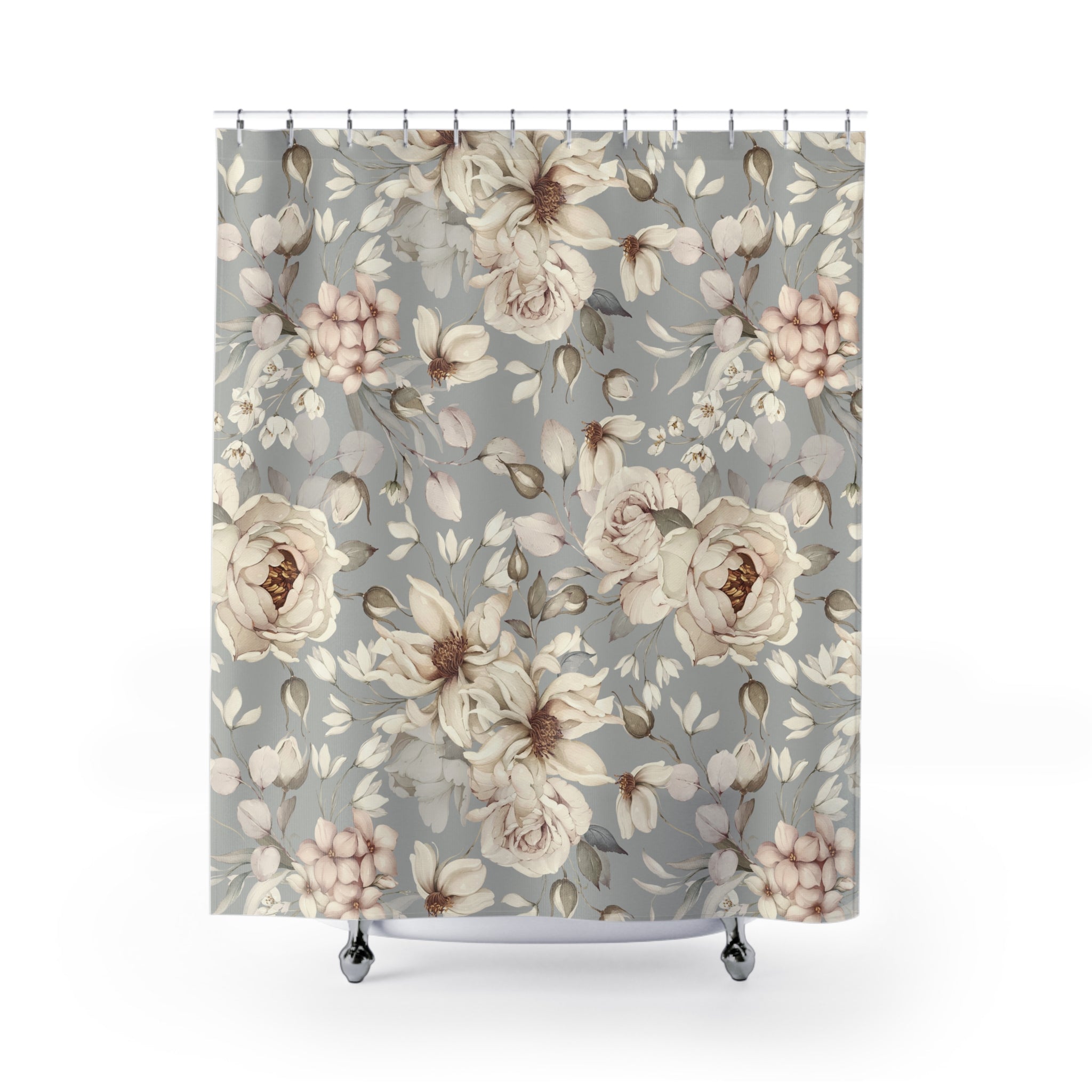 Muted Taupe Vintage Floral Shower Curtain | Neutral Botanical Shabby Chic Bathroom Decor