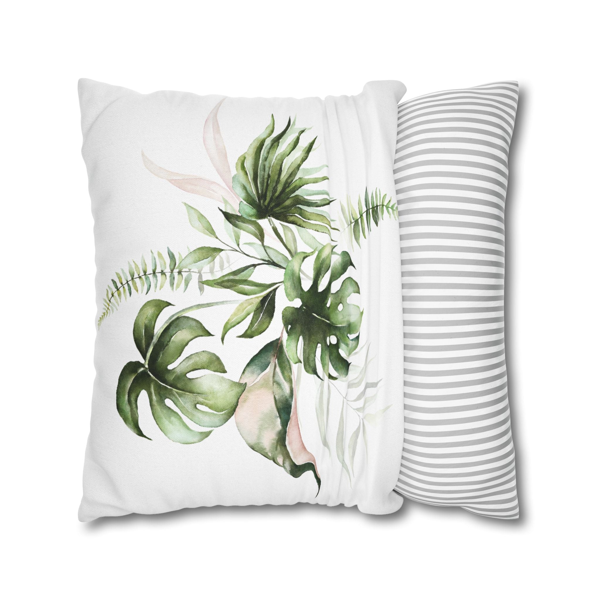 Floral Pillow Cover | White Green Monstera Tropical Leaves
