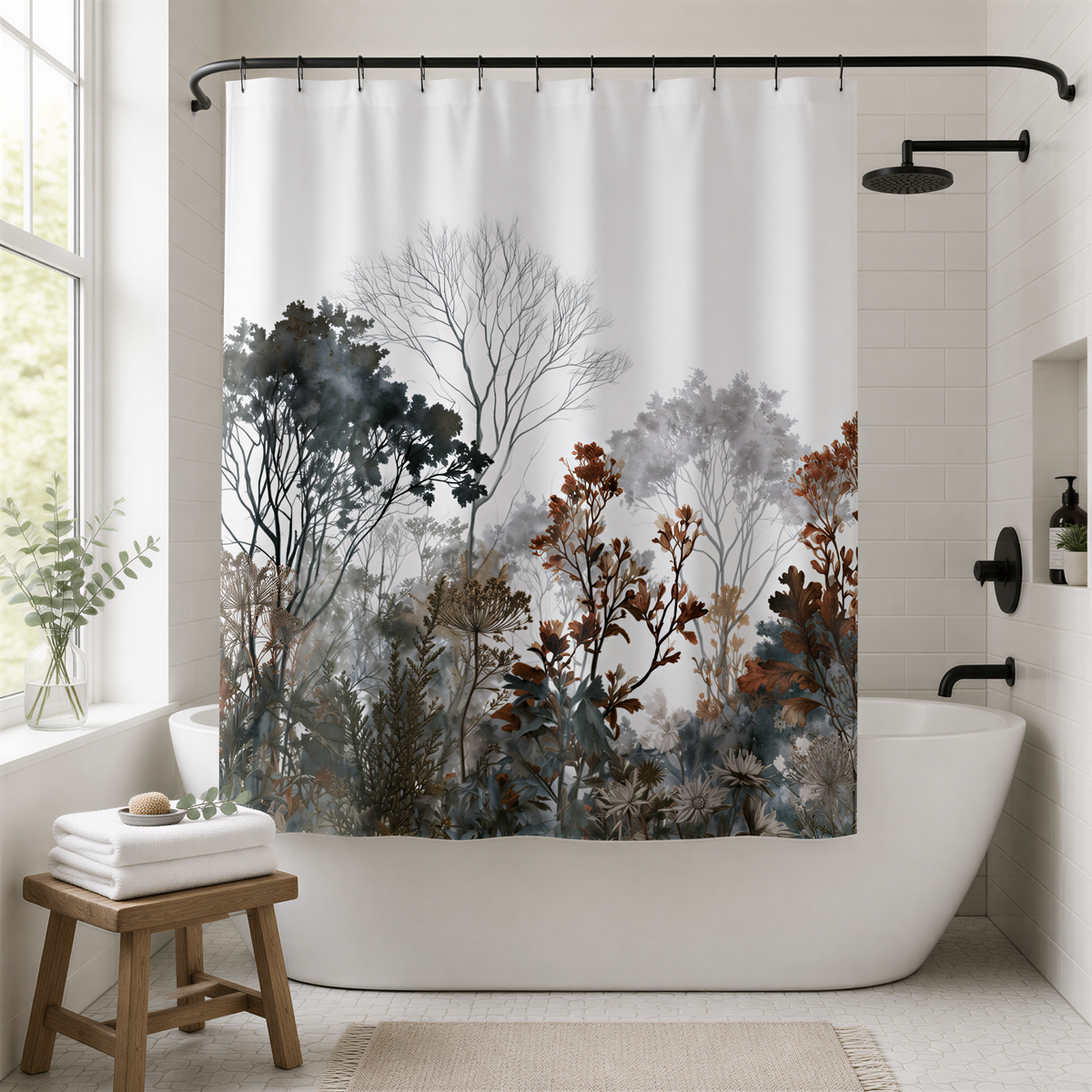 a bathroom with a shower curtain featuring a forest scene, including trees and foliage in various shades of brown and gray.