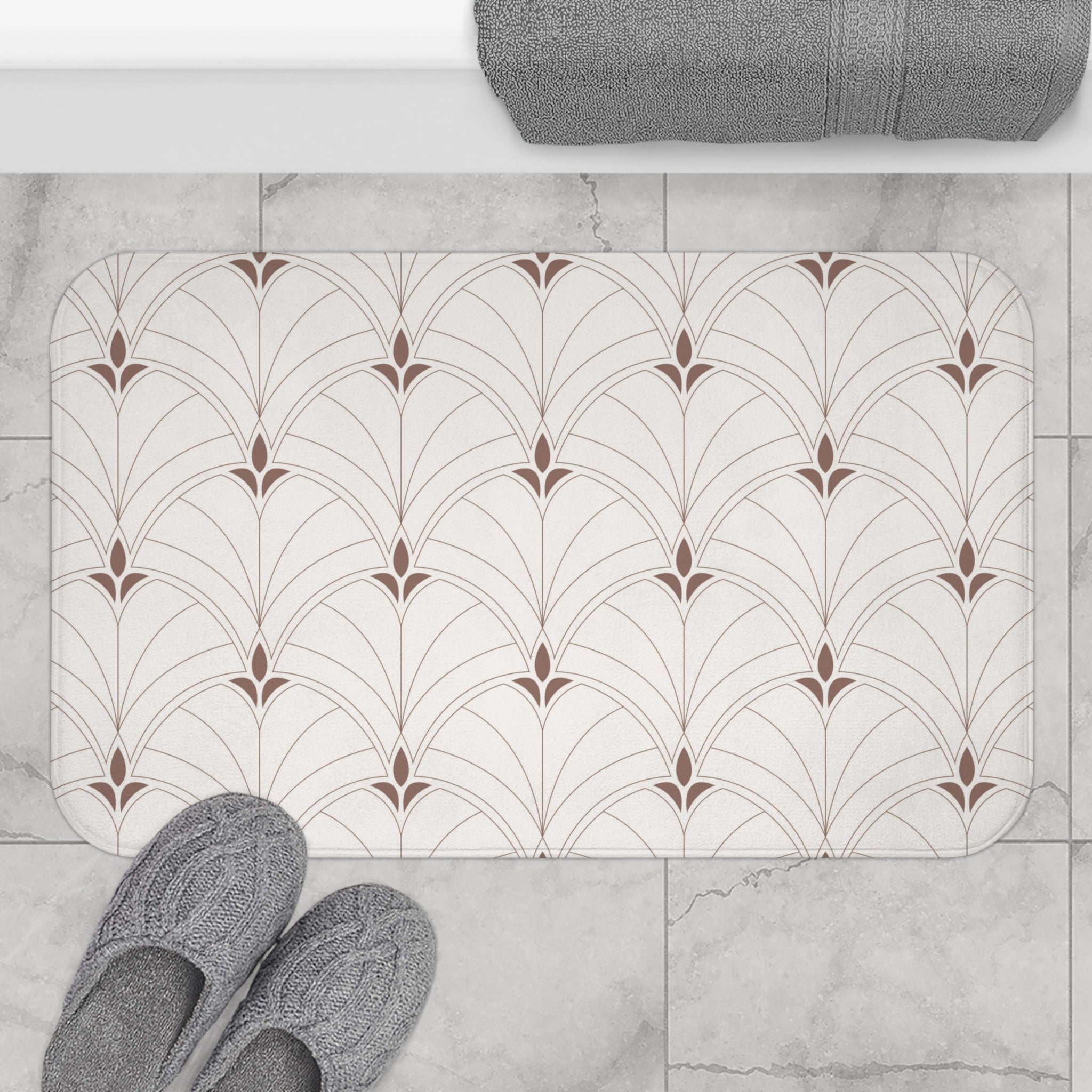 Boho Bath, Kitchen Mat |  Art Deco Nouveau Fan Beige Brown