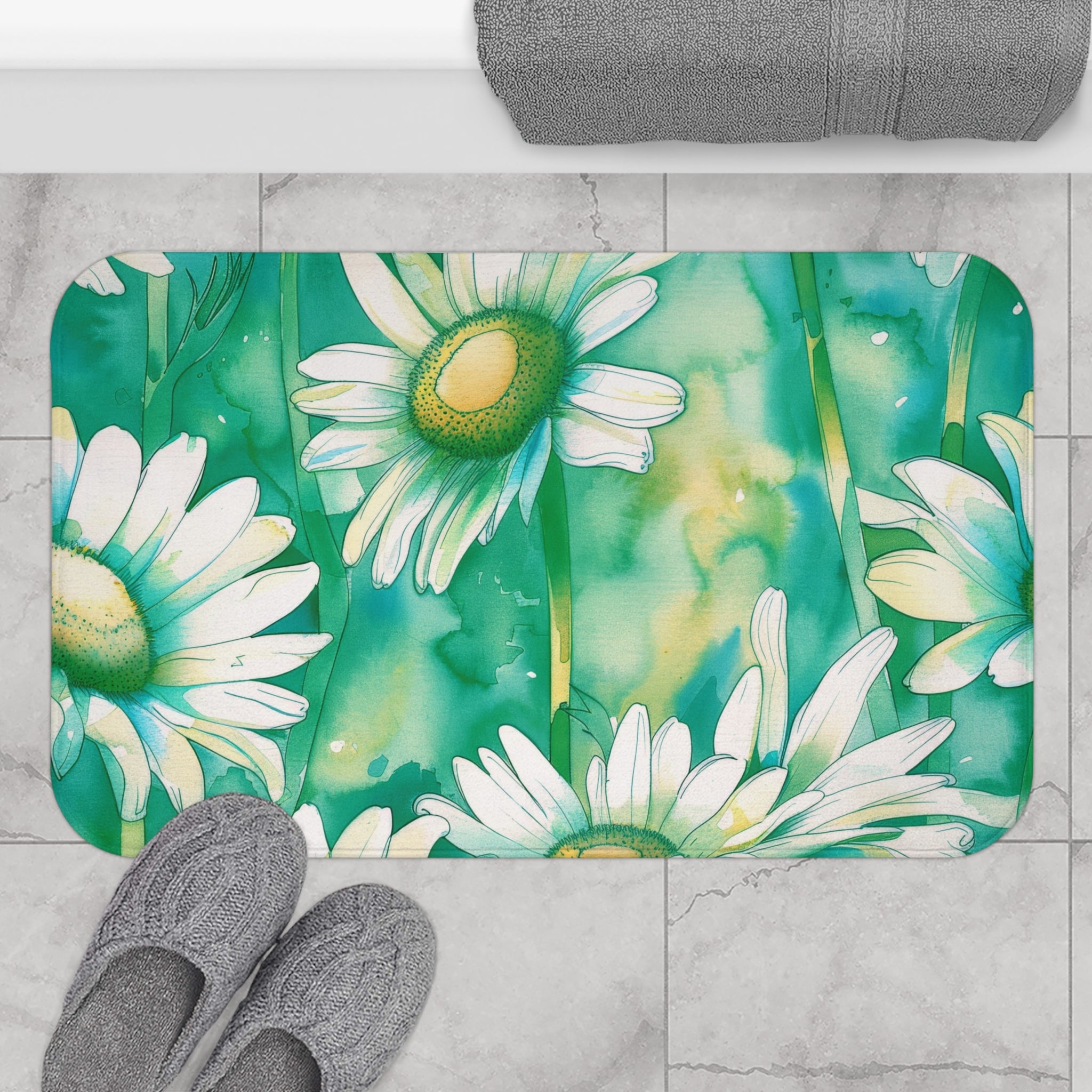 Boho Kitchen, Bath Mat | FloralTeal Sage Green, Daisies Floor Mat