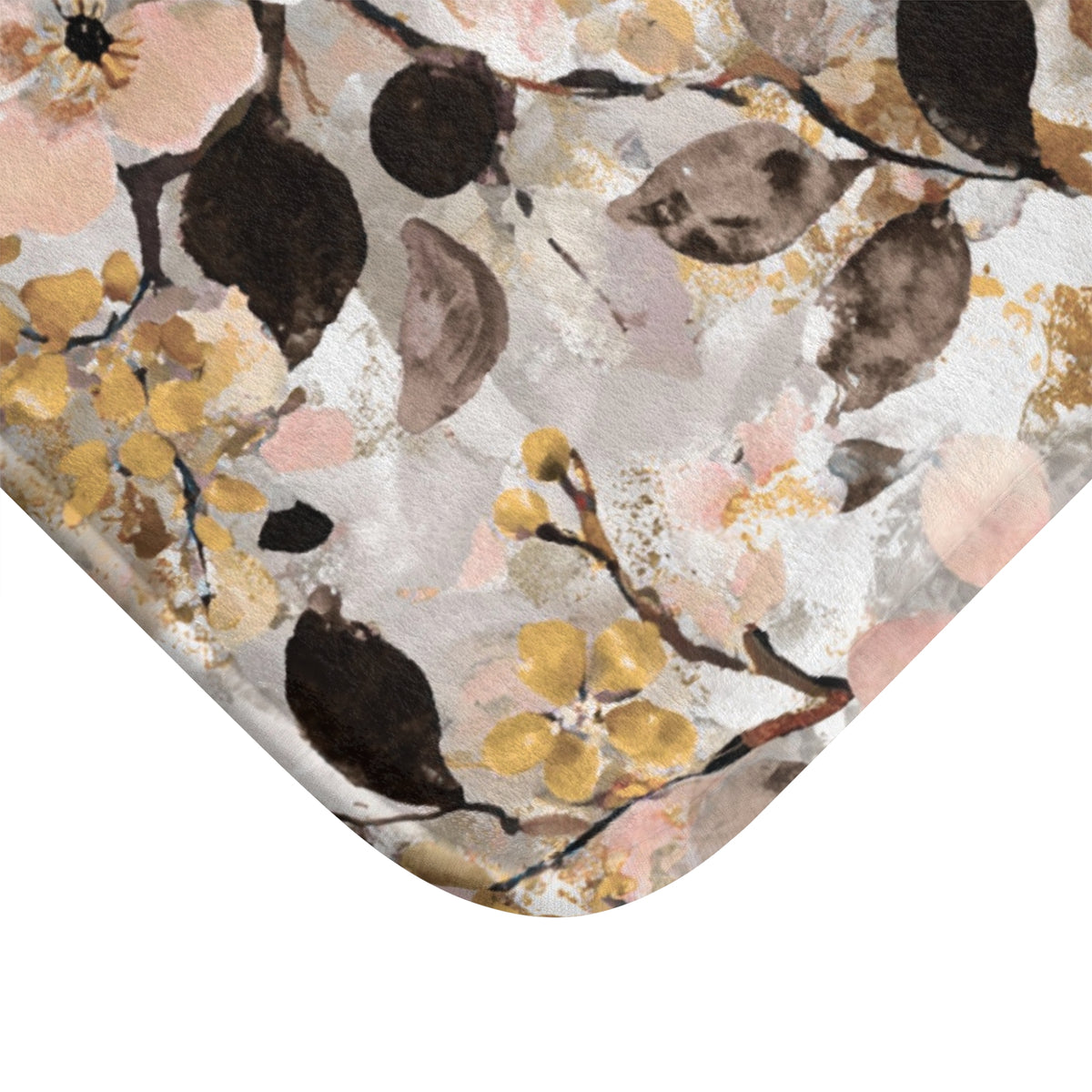 Blush Mustard Blossom Floral Bath Mat, Botanical Bathroom Rug