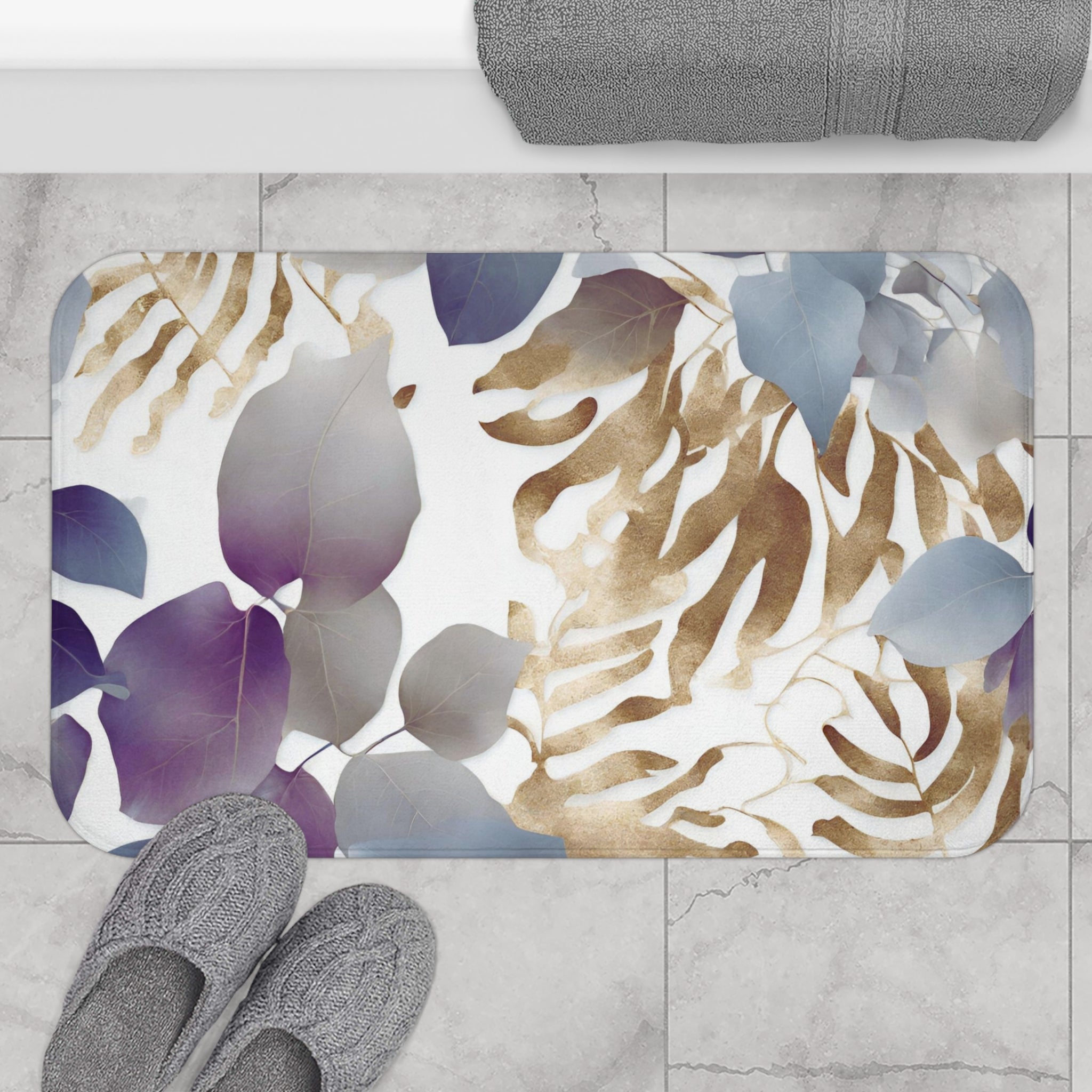 Floral Bath, Kitchen Mat | Tropical Eucalyptus Leaves, Blue Purple White