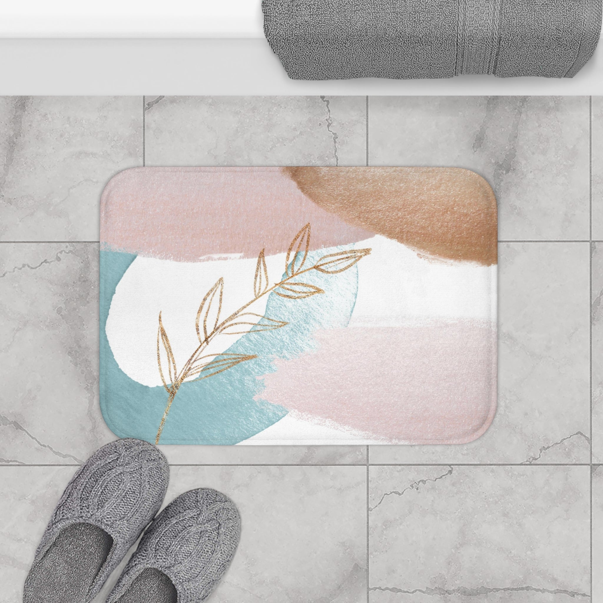 Boho Abstract Bath, Kitchen Mat, Rug | Pastel Pink Beige Blue Floral