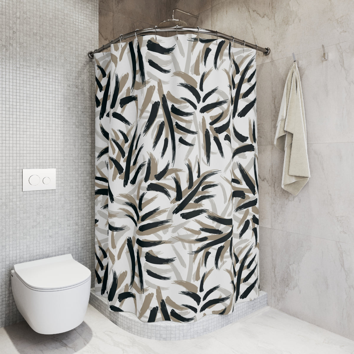 Black Taupe Brushstroke Leaf Shower Curtain, Bath Curtain 71x74
